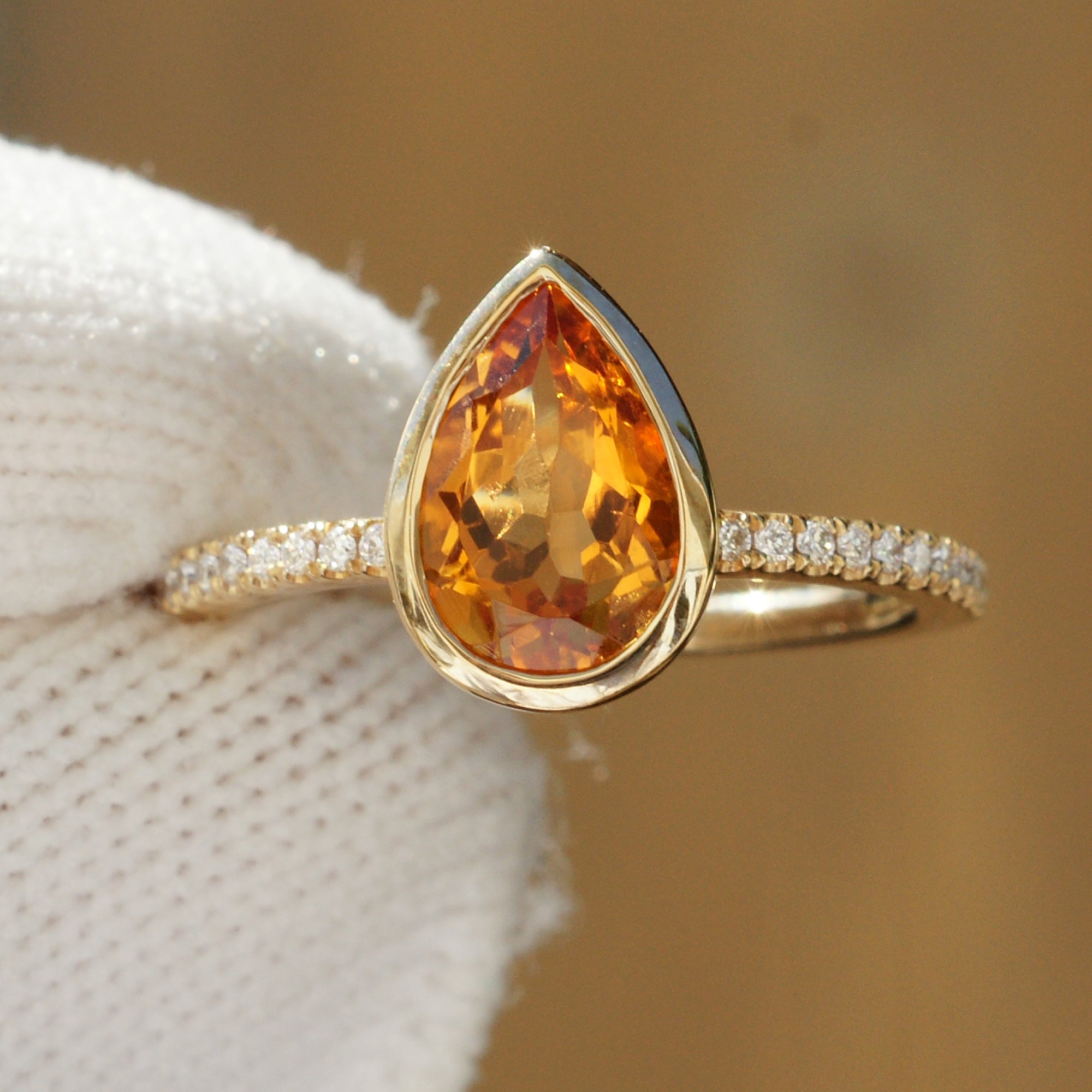 Pear Cut Citrine Bezel Ring Yellow Gold Diamond Band Front View