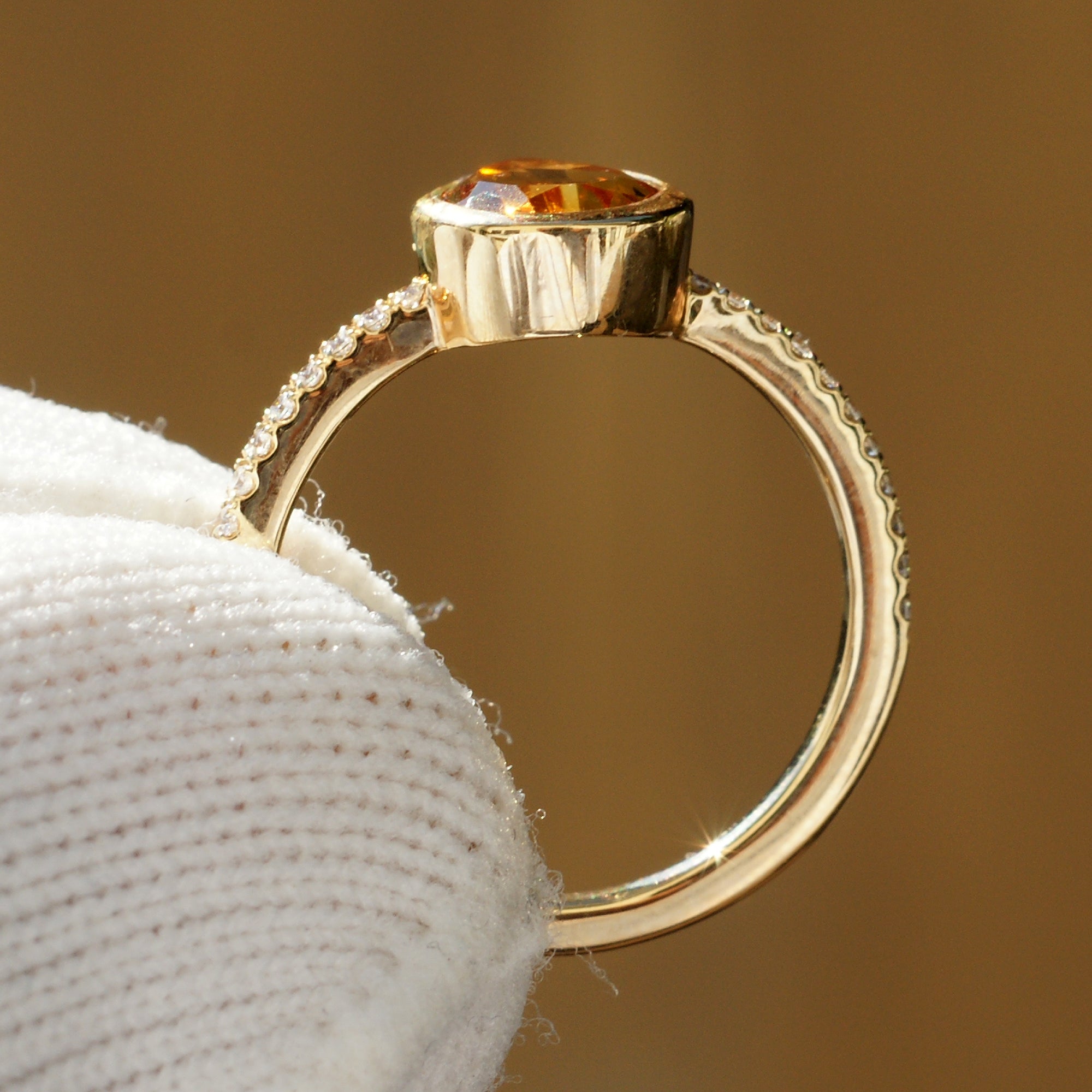 Pear Cut Citrine Bezel Ring Yellow Gold Diamond Band Side Profile