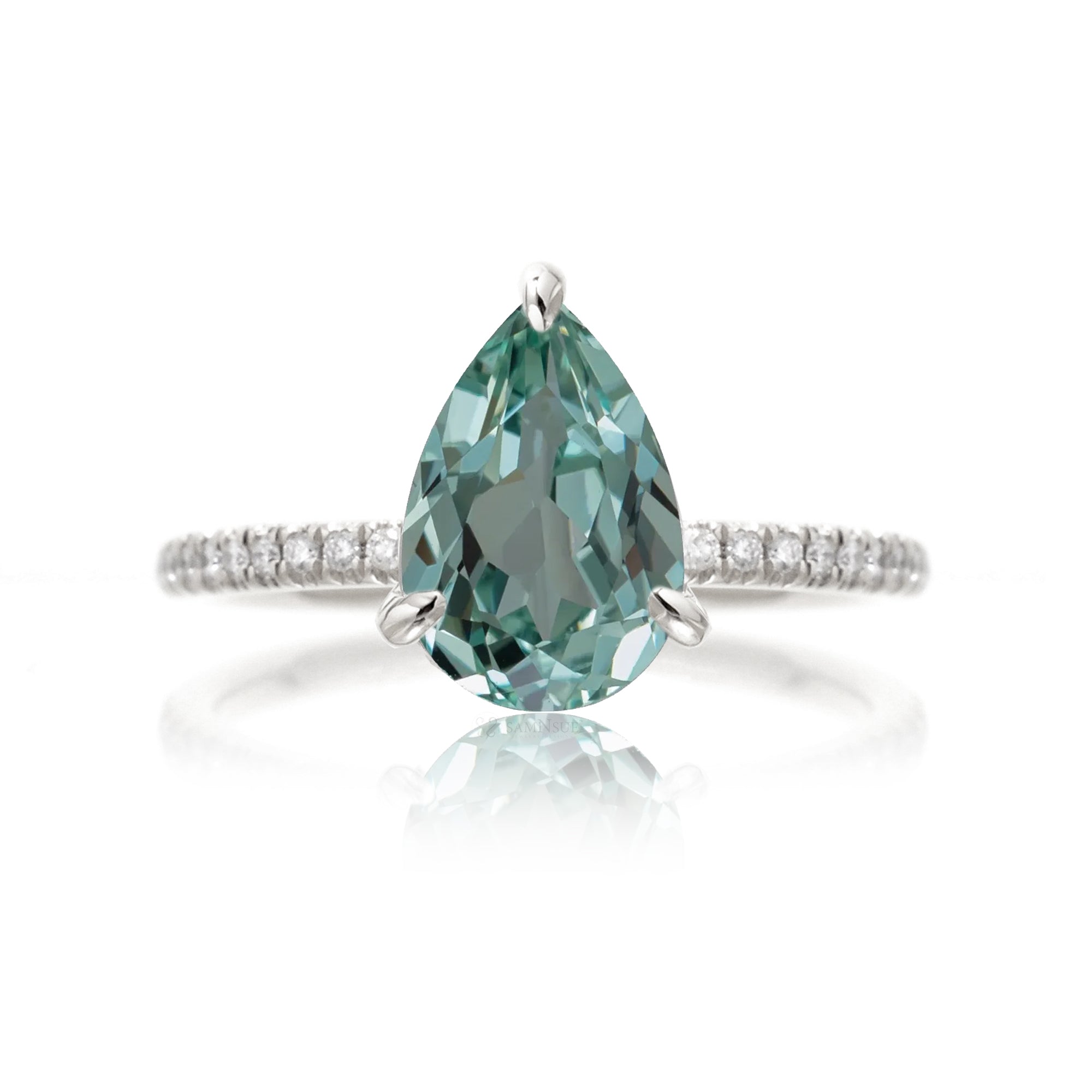 Green sapphire ring pear cut dainty diamond band white gold