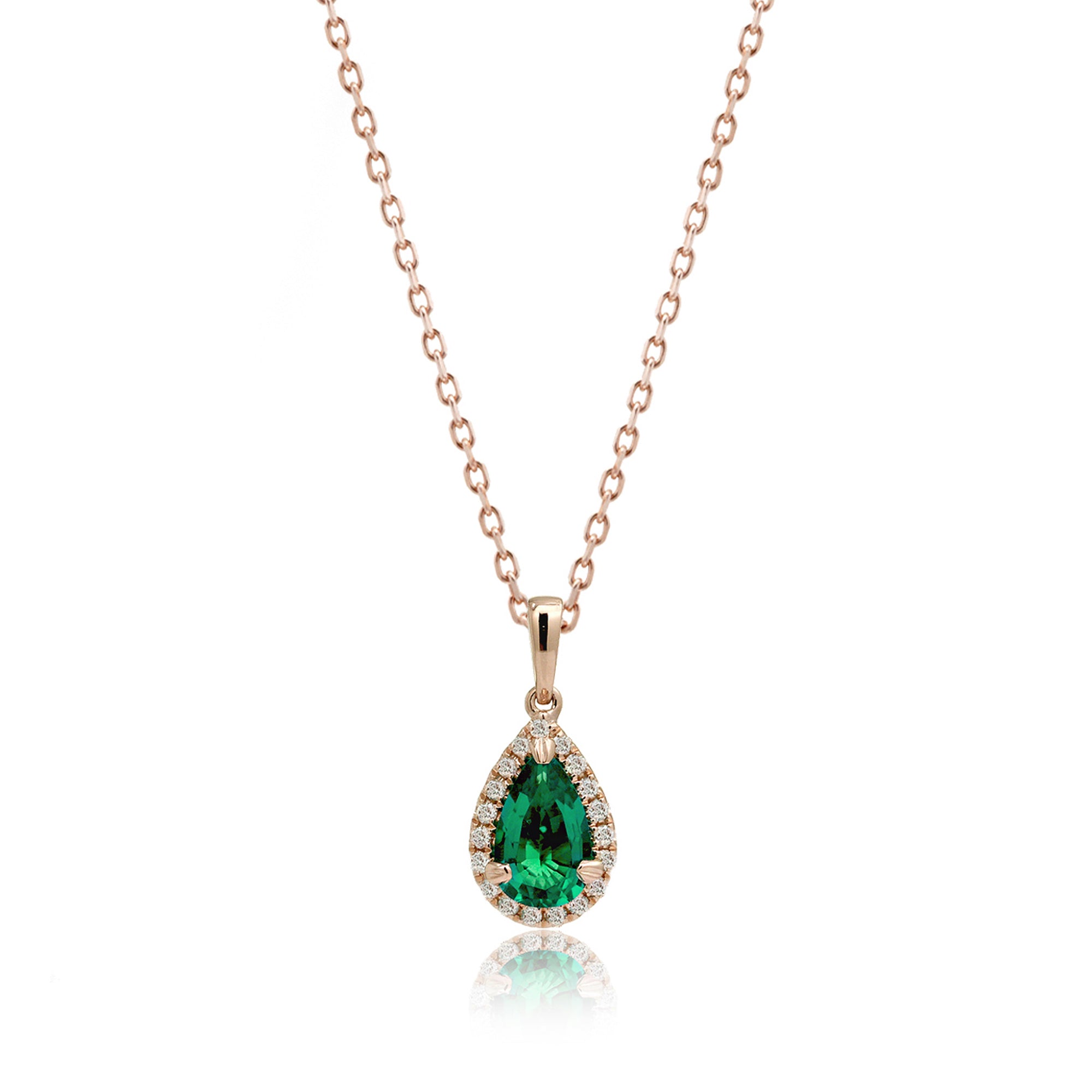 Pear green emerald pendant with diamond halo rose gold