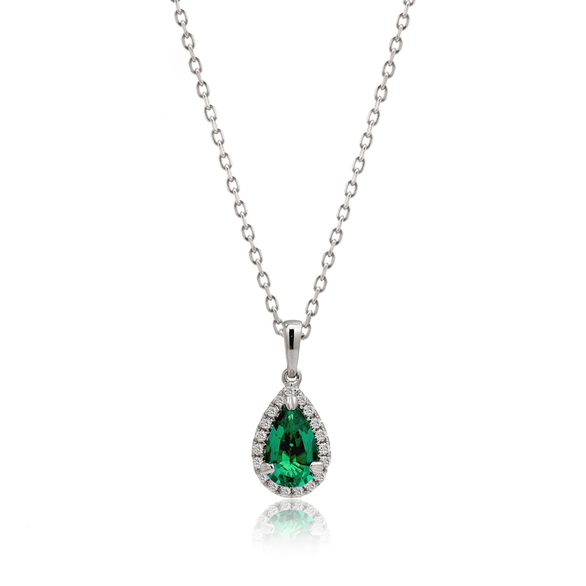 Pear green emerald pendant with diamond halo white gold