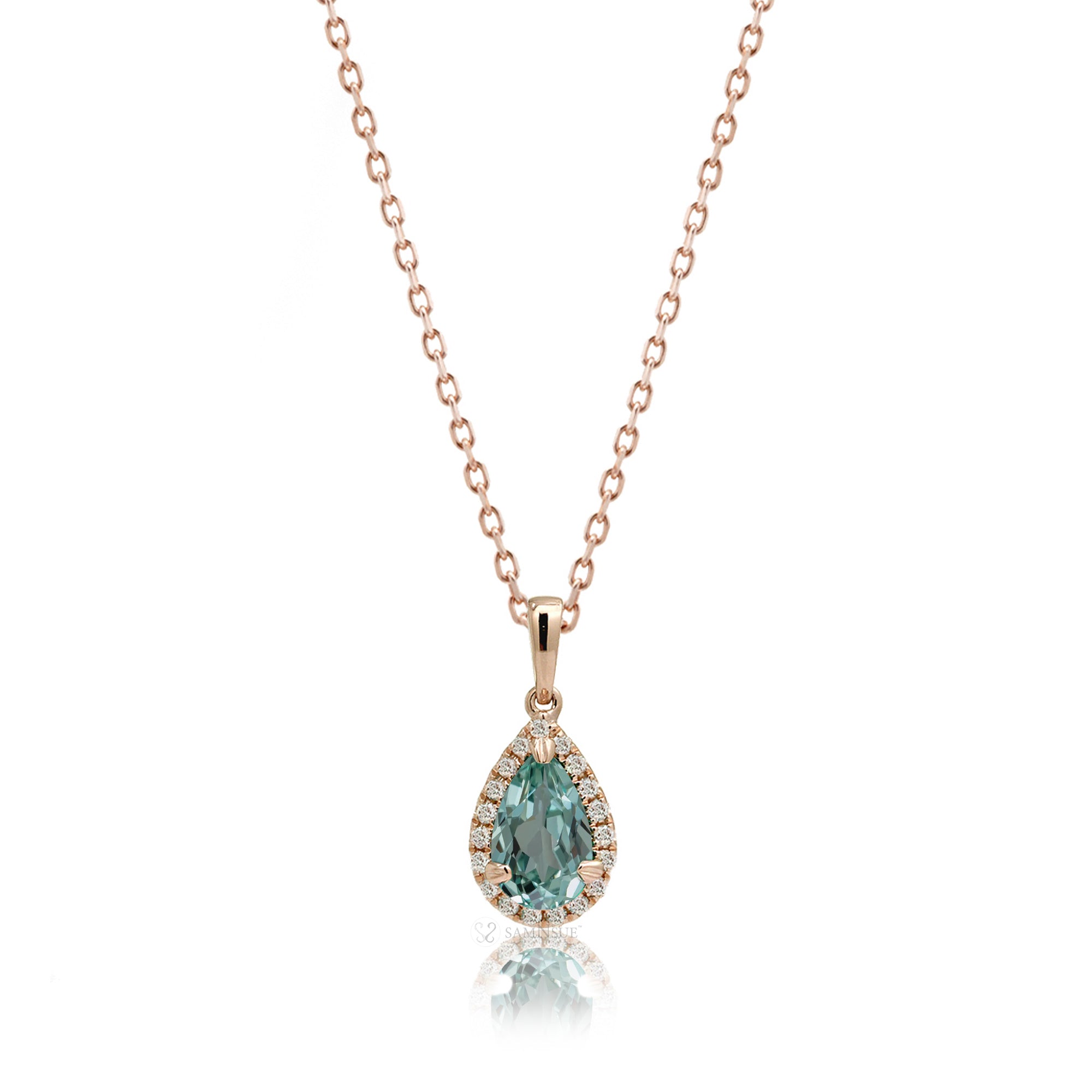 Green sapphire pear diamond halo pendant rose gold