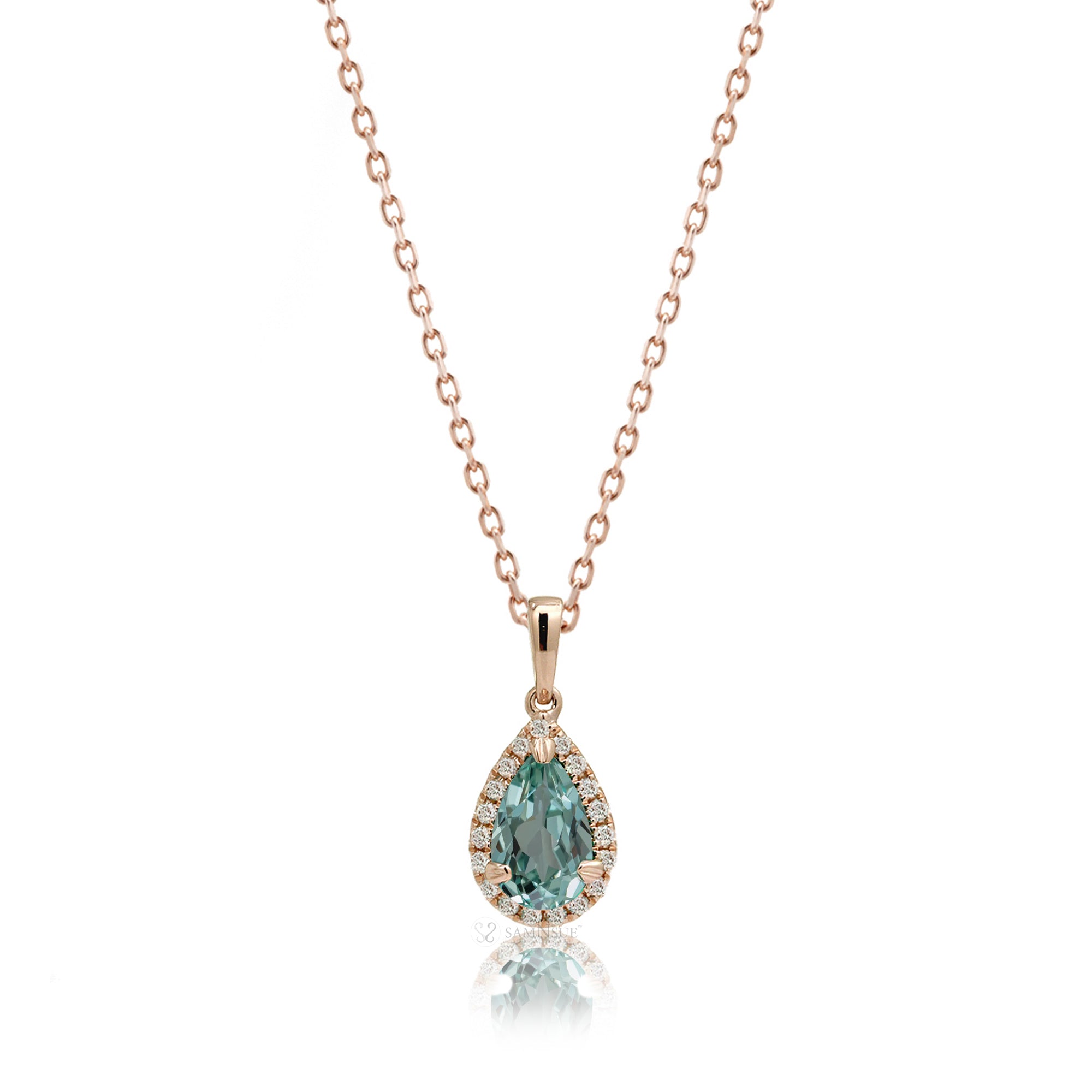 Green sapphire pear diamond halo pendant rose gold