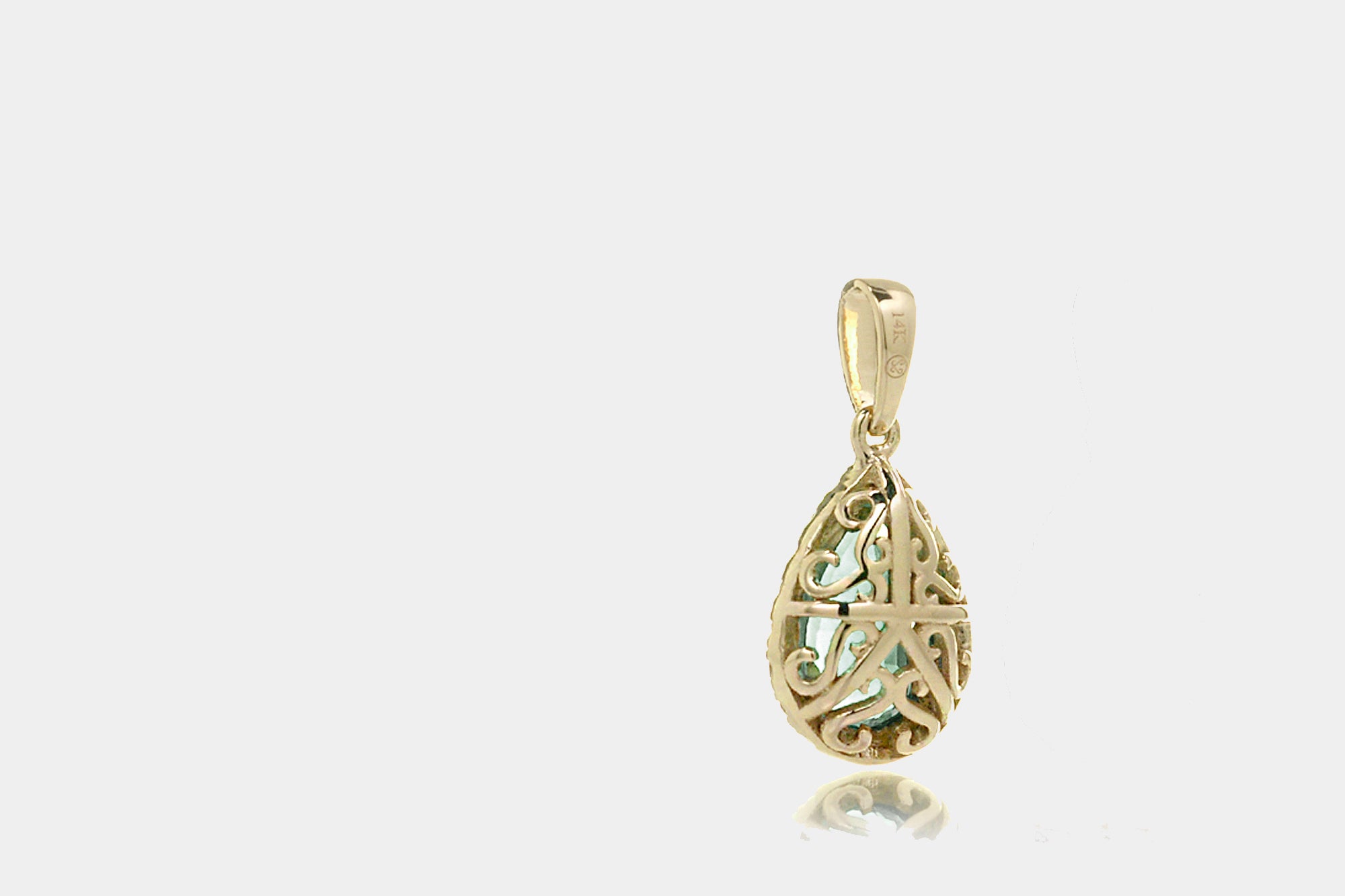 Green sapphire pear diamond halo pendant yellow gold