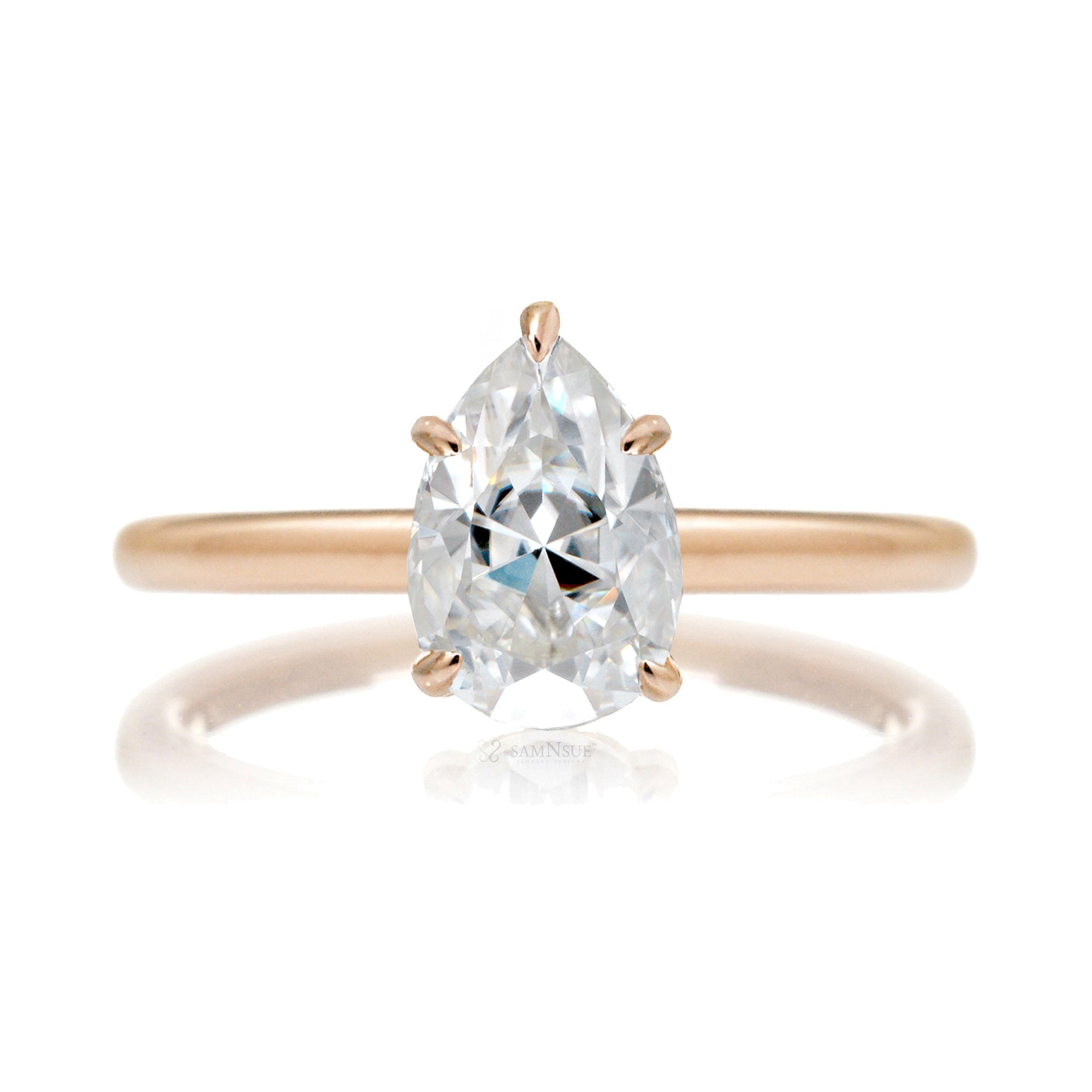 Solitaire pear cut moissanite ring diamond hidden halo solid band in rose gold