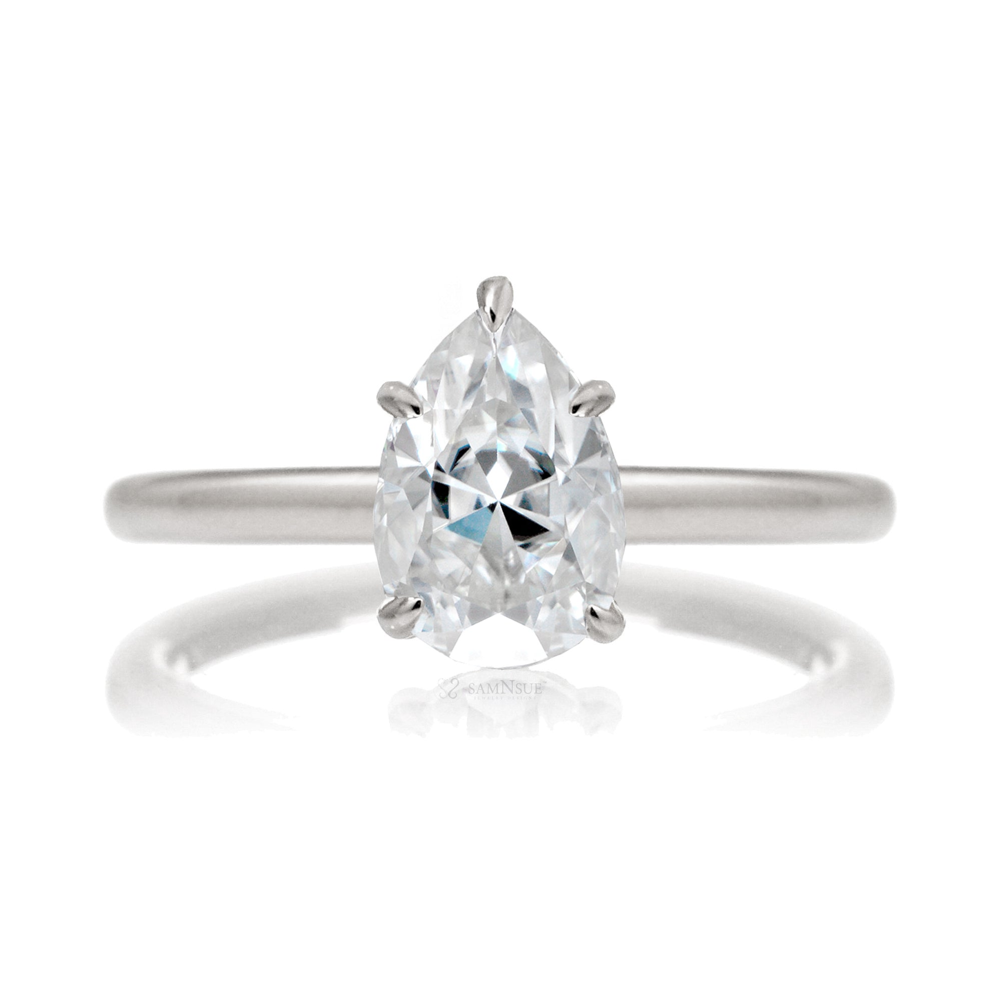 Solitaire pear cut moissanite ring diamond hidden halo solid band in white gold