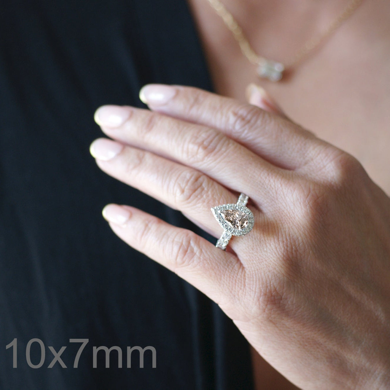 pear morganite ring diamond halo in white gold