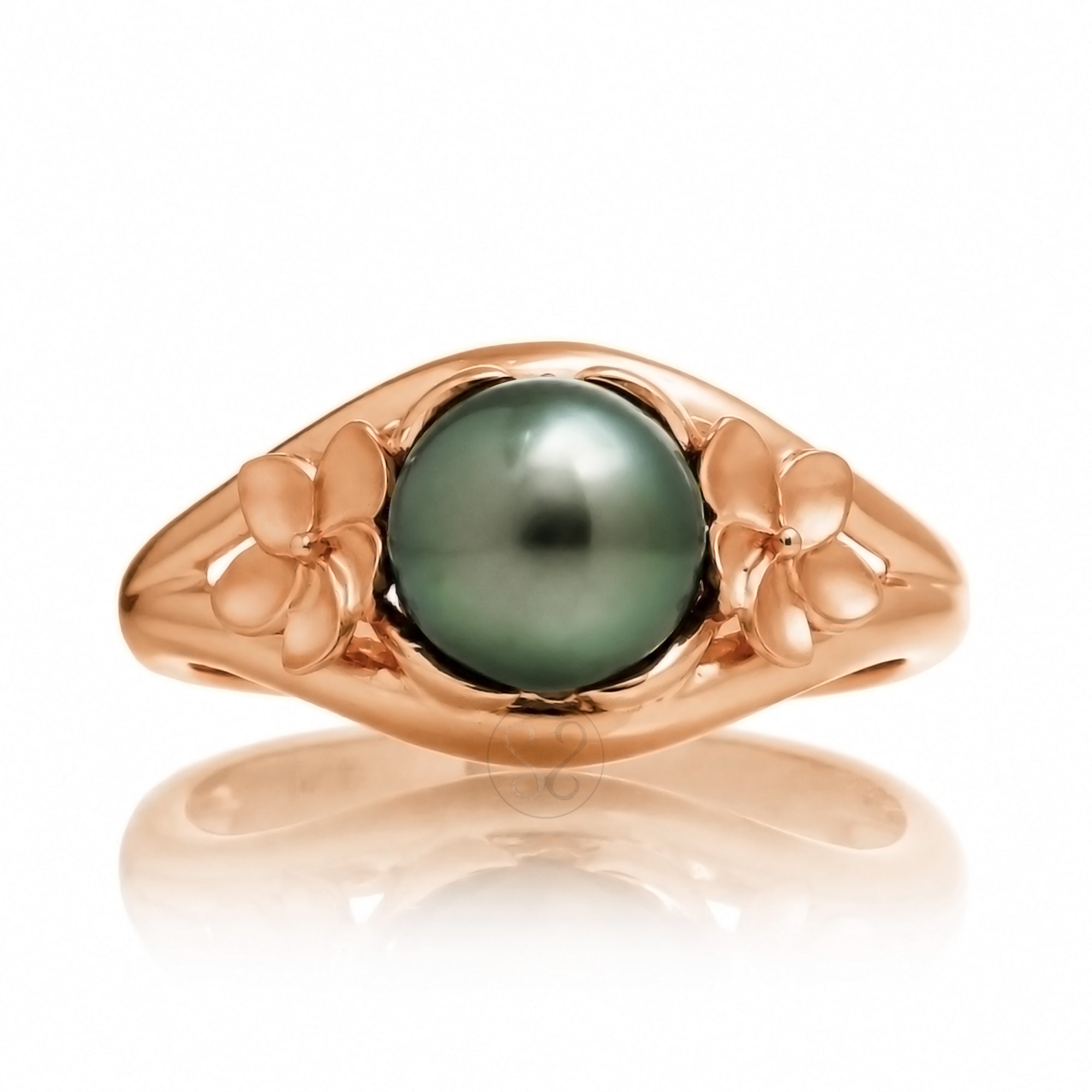 Tahitian peacock pearl plumeria rose gold embrace split band ring