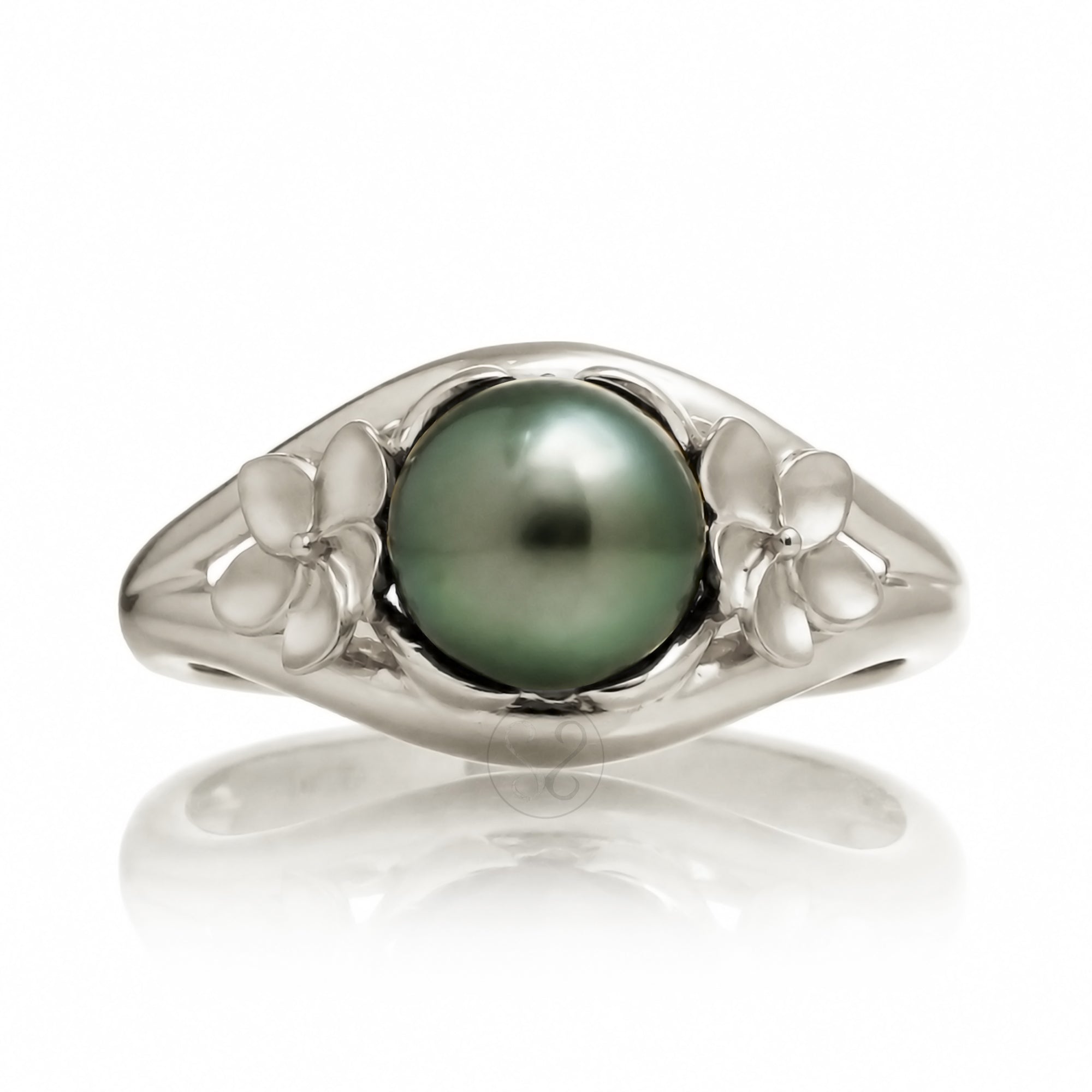 Tahitian peacock pearl plumeria white gold embrace split band ring