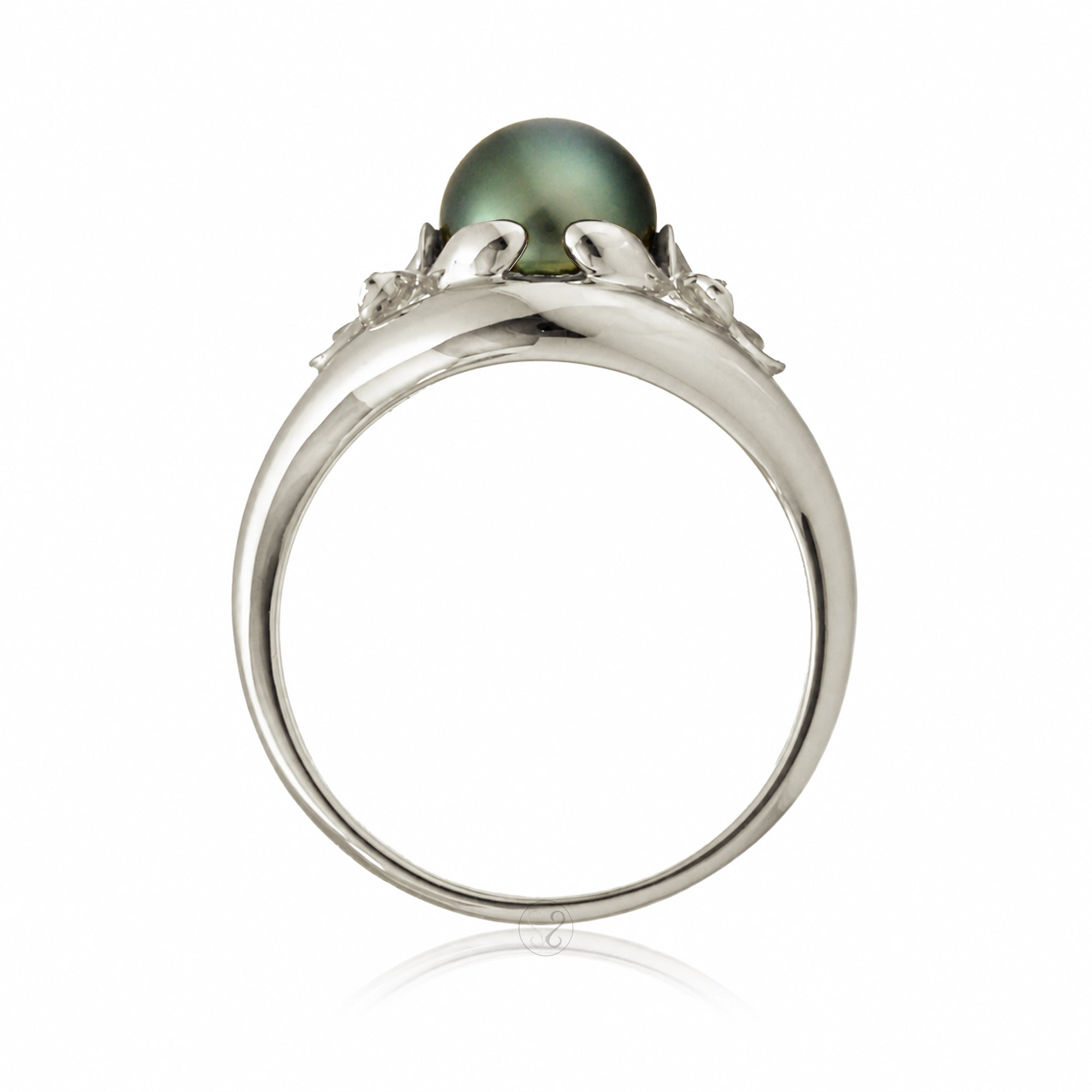 Tahitian peacock pearl plumeria white gold embrace split band ring