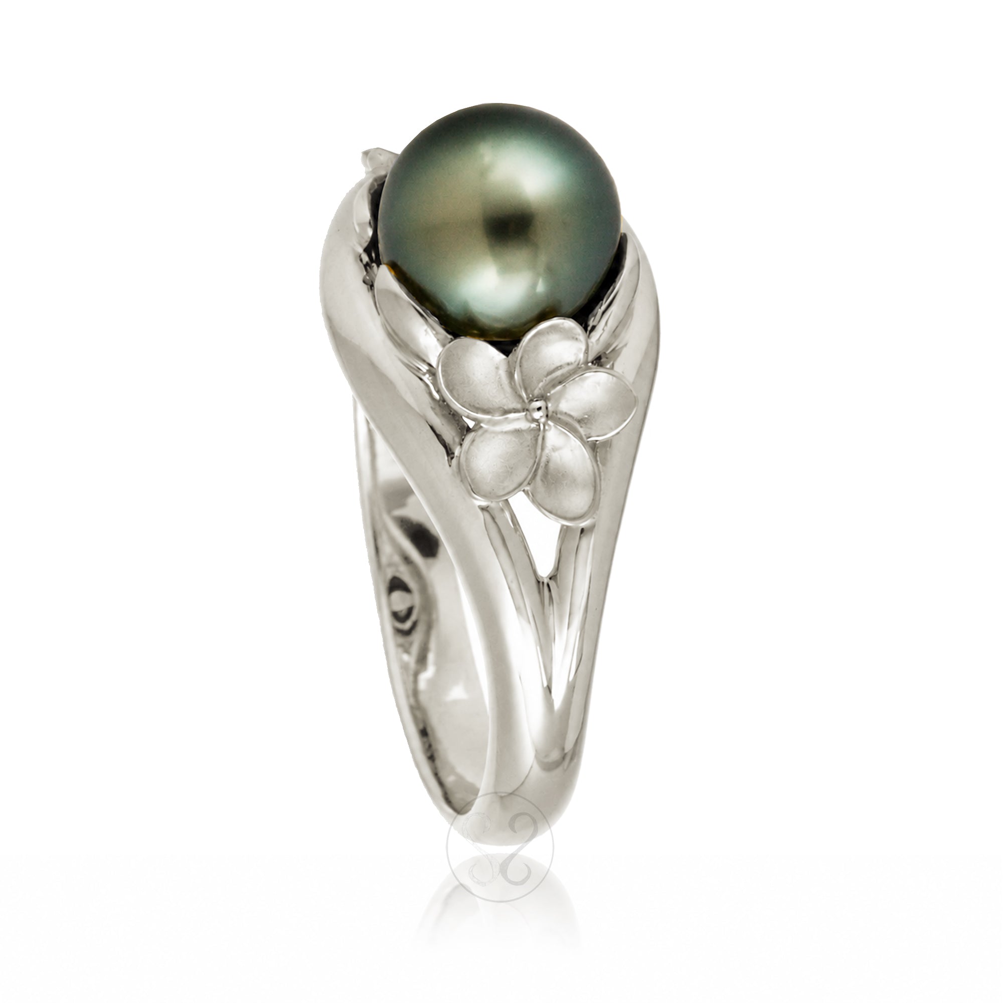 Tahitian peacock pearl plumeria white gold embrace split band ring