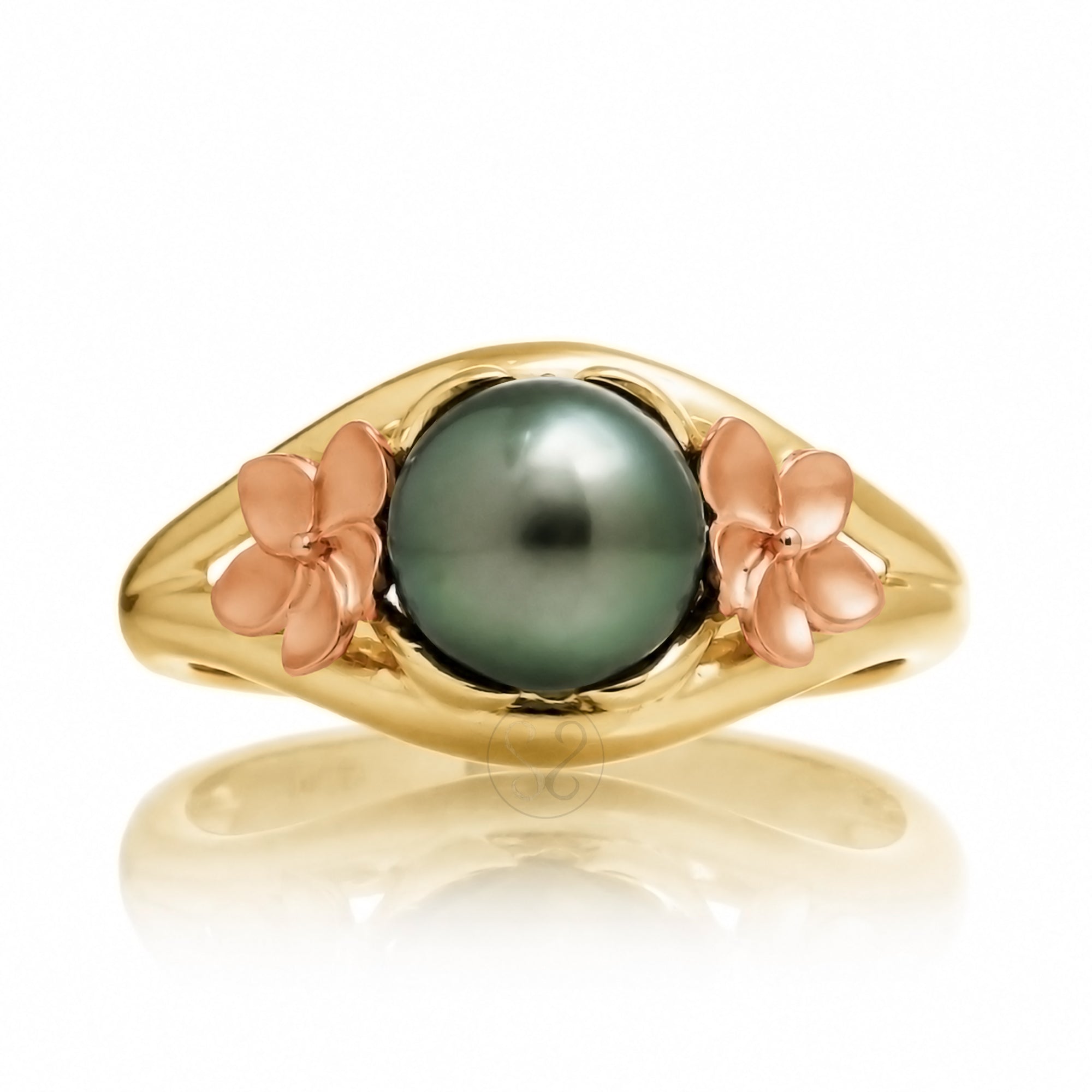 Tahitian peacock pearl rose side plumeria yellow gold embrace split band ring