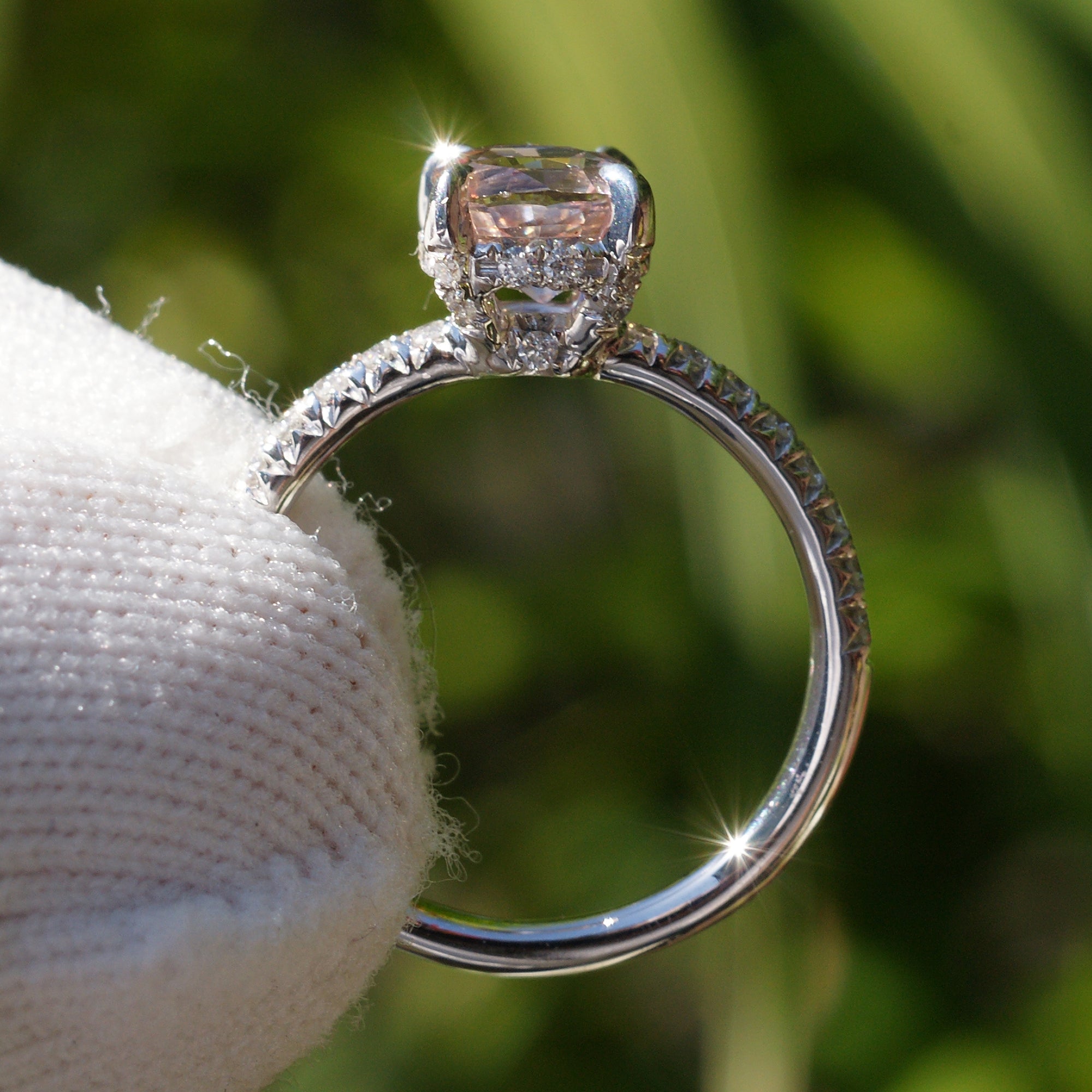 Light pink ceylon sapphire diamond engagement ring with hidden halo in white gold