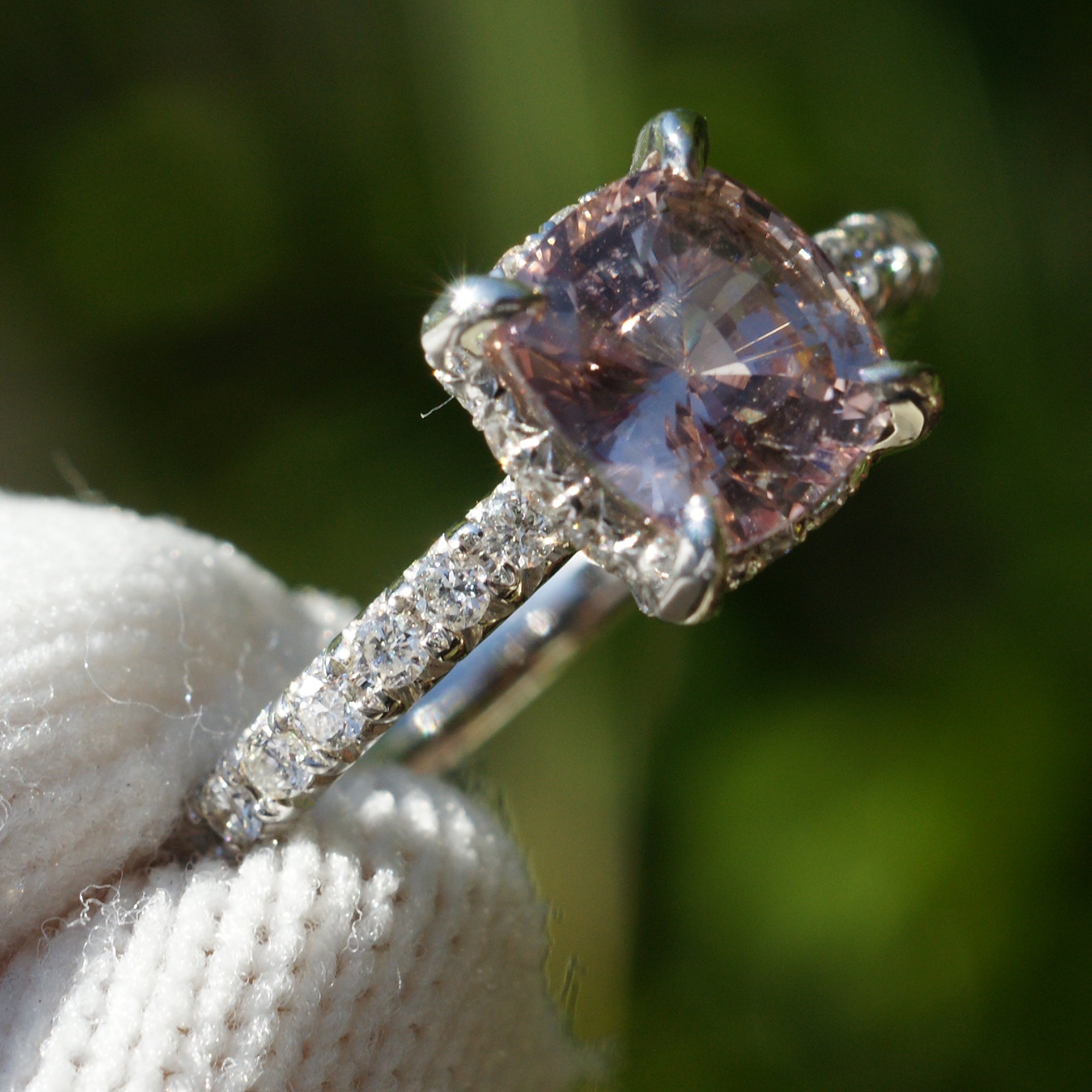 Light pink ceylon sapphire diamond engagement ring with hidden halo in white gold