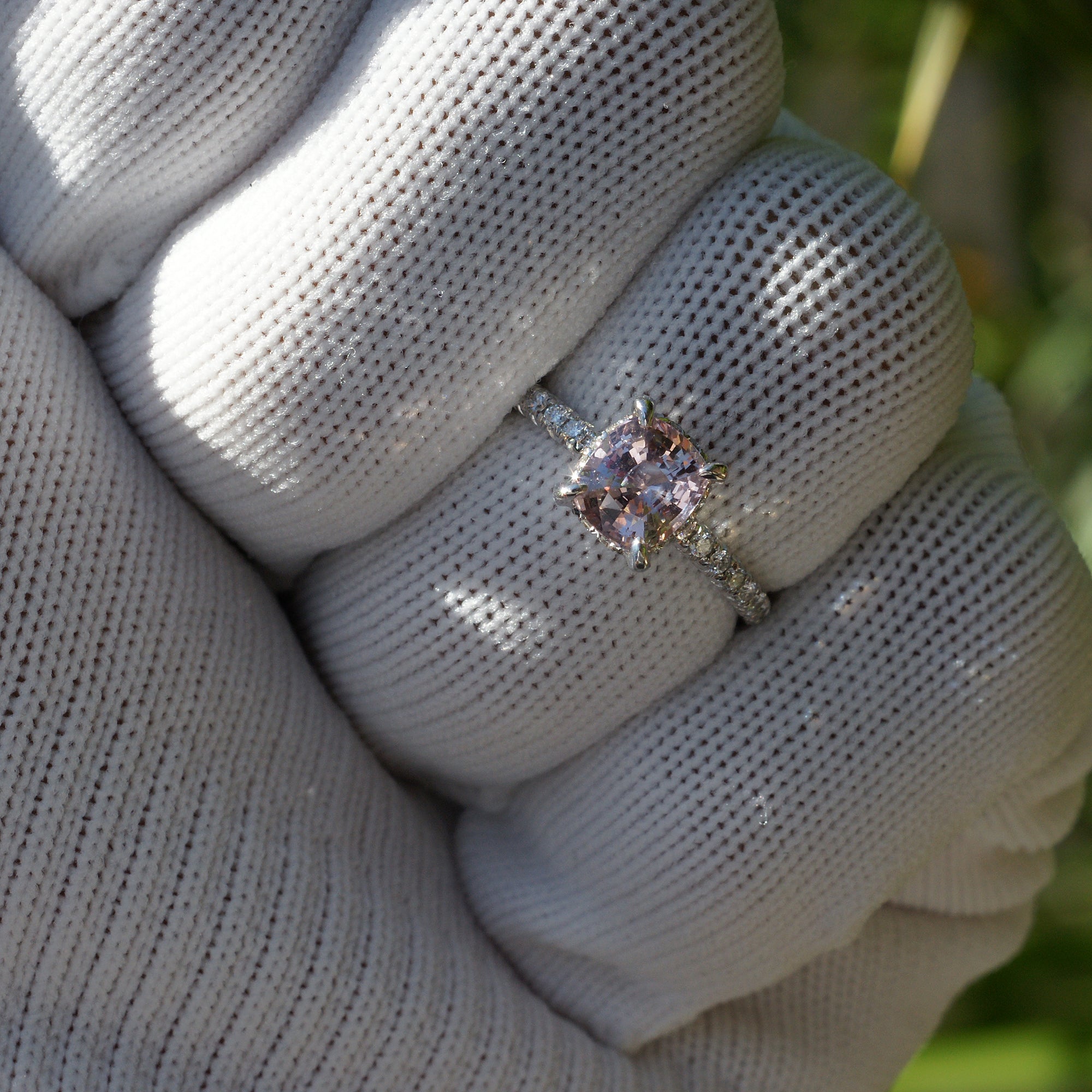 Light pink ceylon sapphire diamond engagement ring with hidden halo in white gold