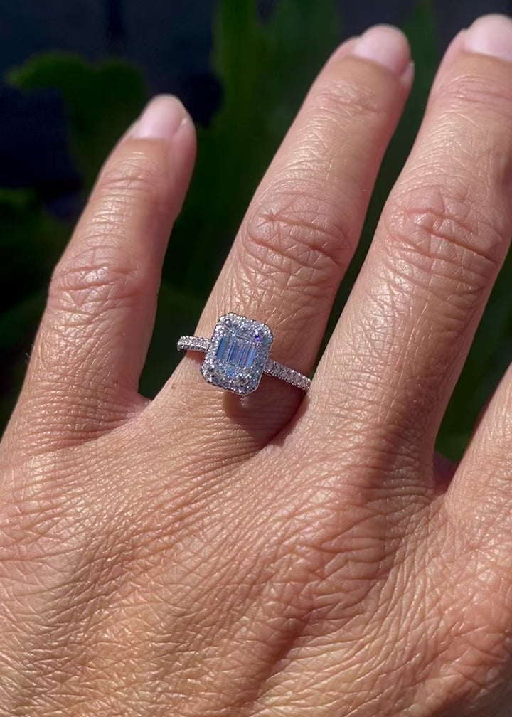 Split Shank Emerald Cut Diamond Halo Engagement Ring in 14K | Dondero's  Jewelry | Vineland, NJ