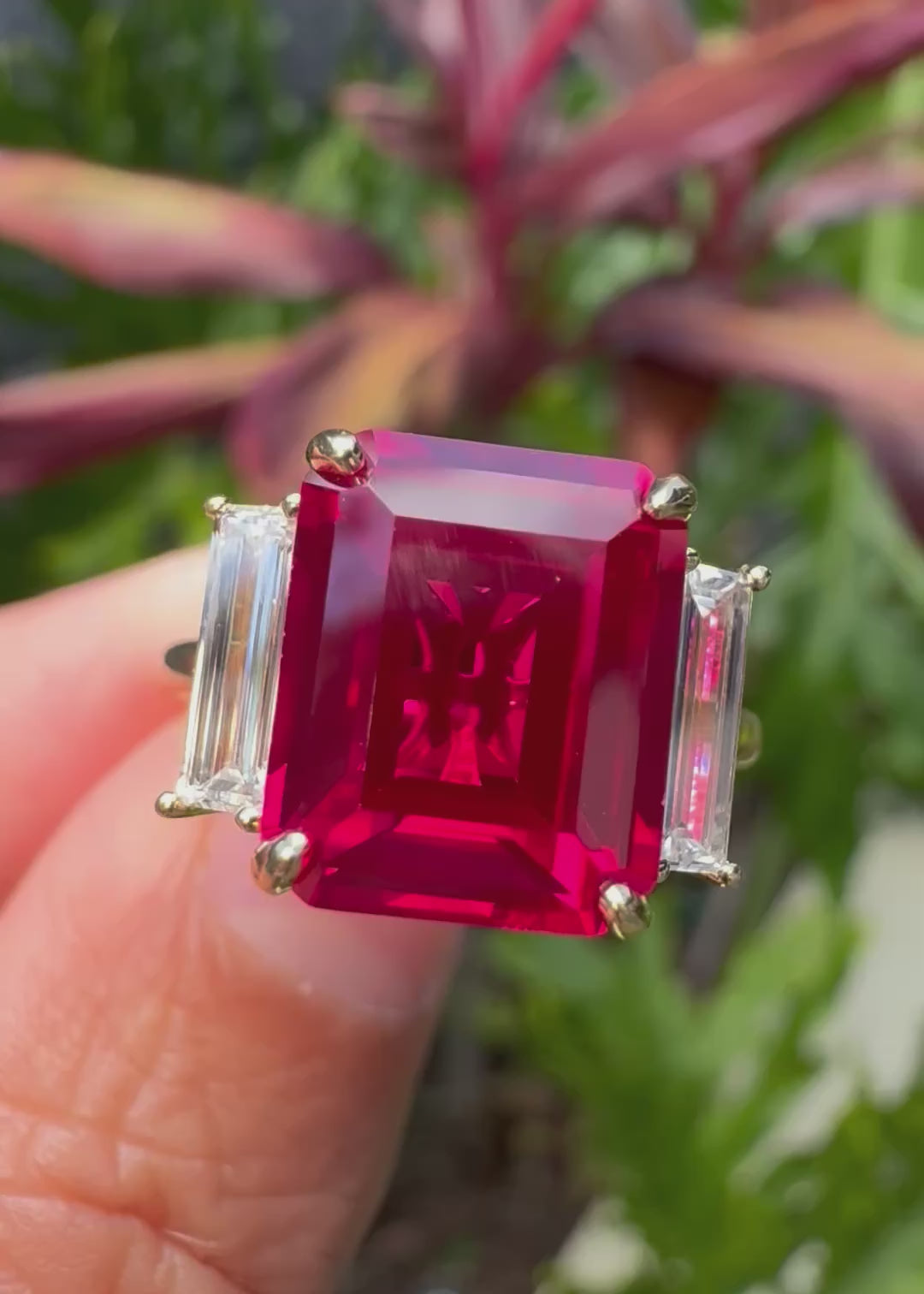 The Elena lab-grown ruby diamond ring 11x9mm yellow gold