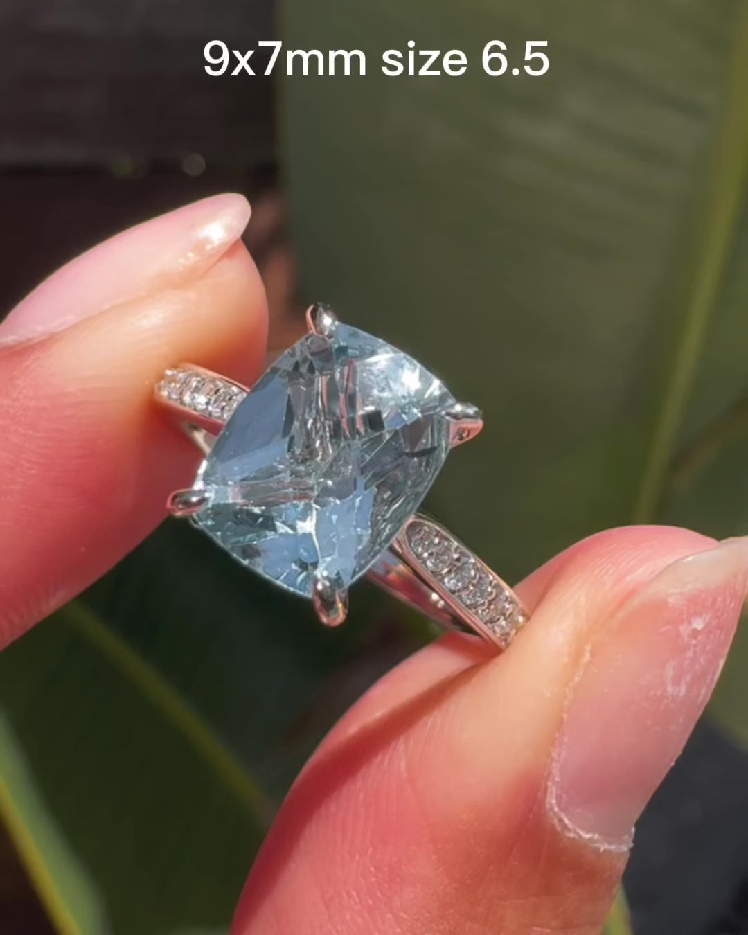 Cushion aquamarine engagement ring diamond band cathedral setting - the Emily