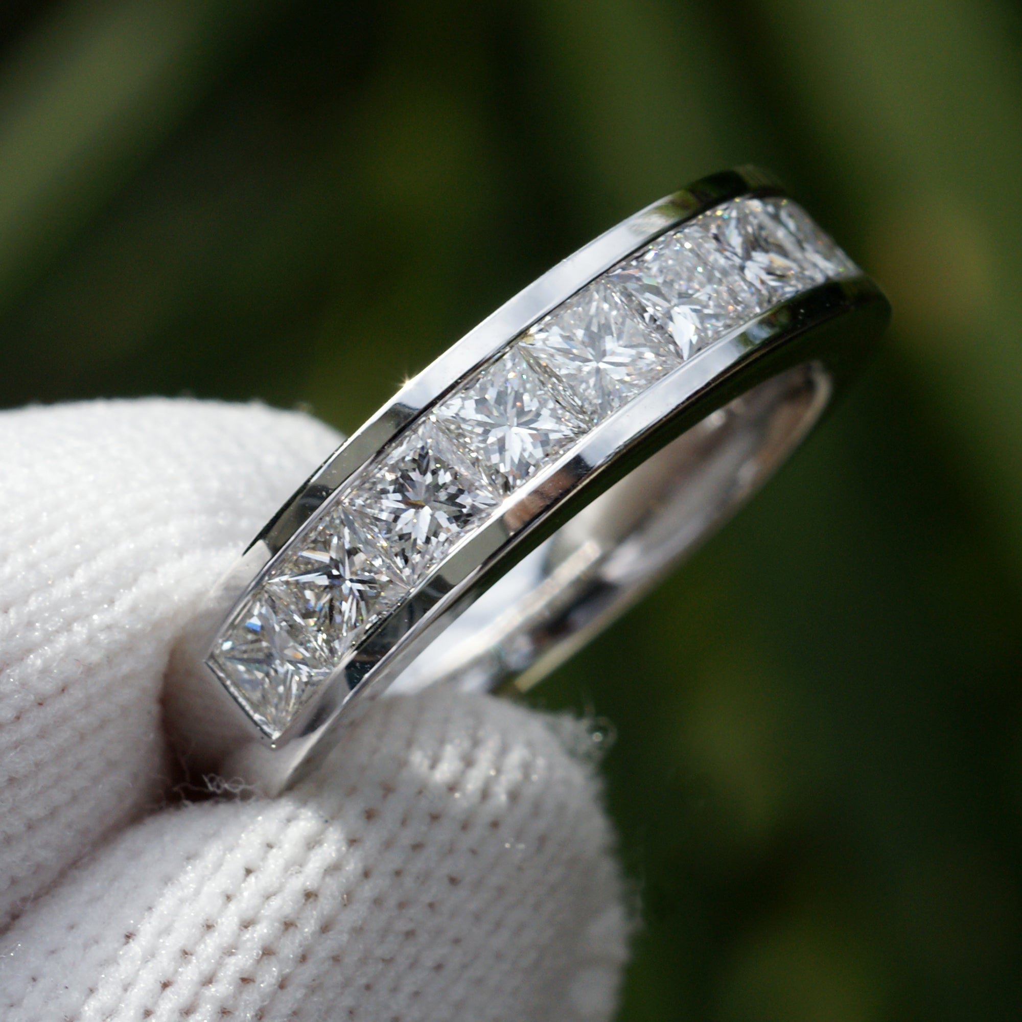 Channel set princess cut diamond channel set 9 stones wedding band white gold