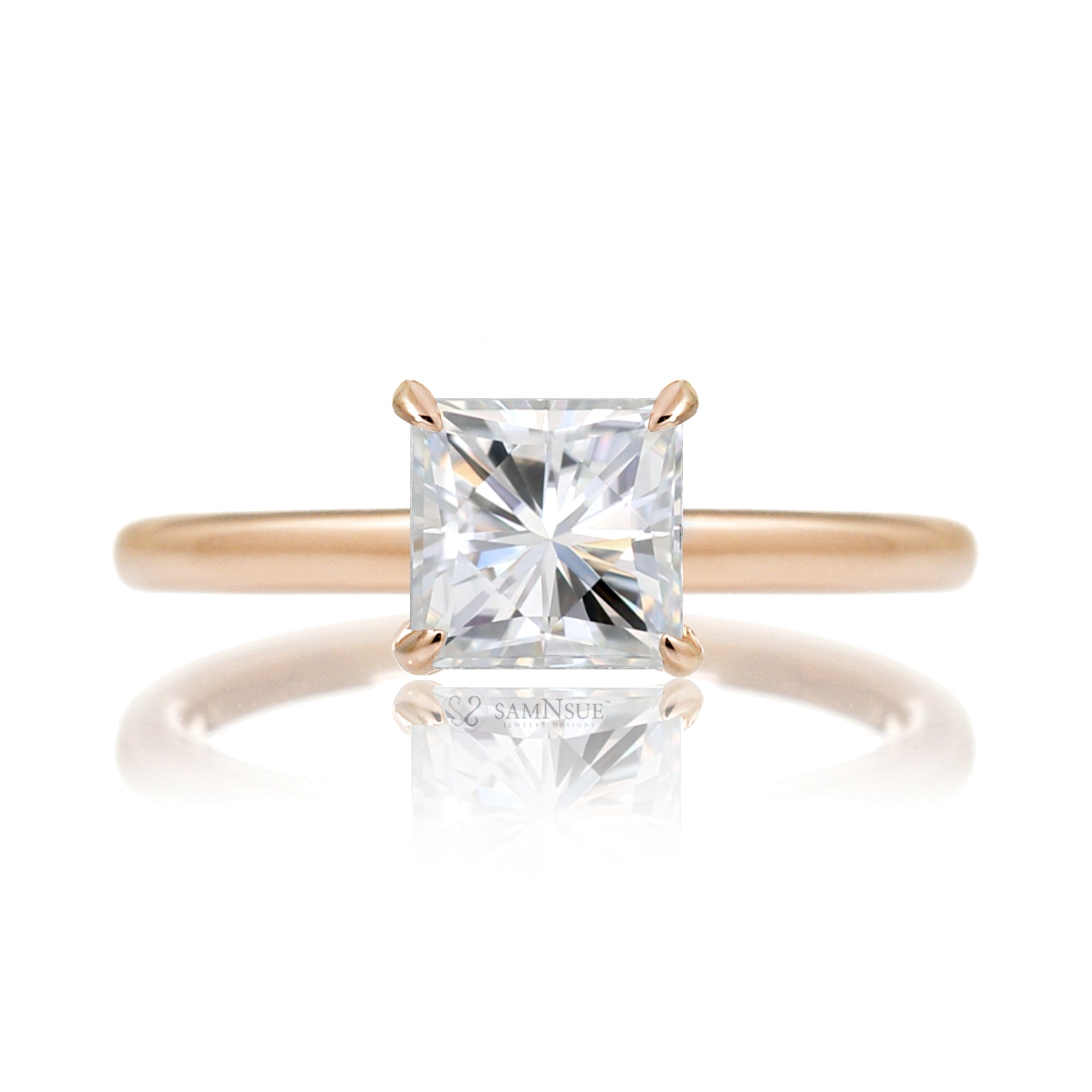 Solitaire princess cut moissanite ring diamond hidden halo solid band in rose gold