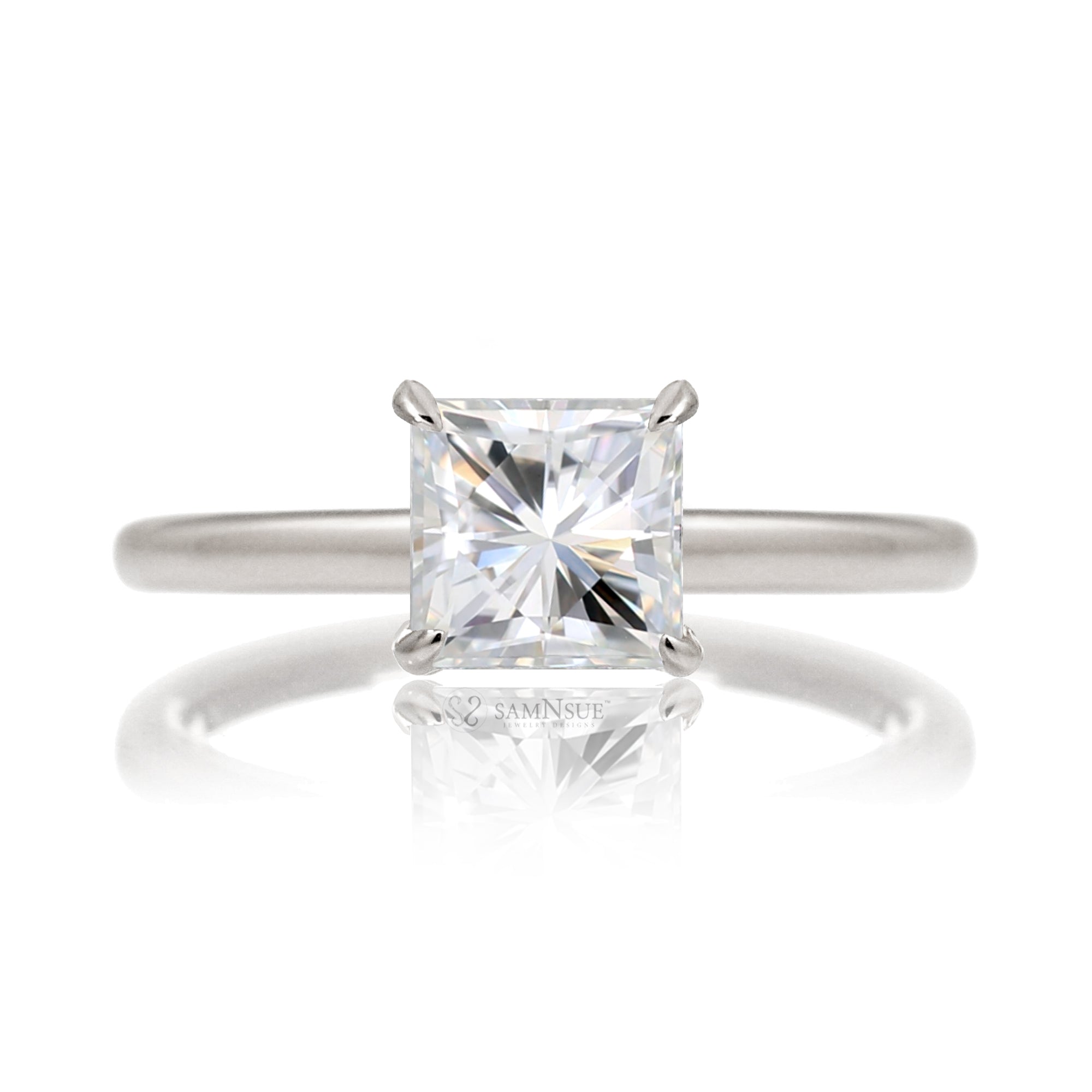 Solitaire princess cut moissanite ring diamond hidden halo solid band in white gold
