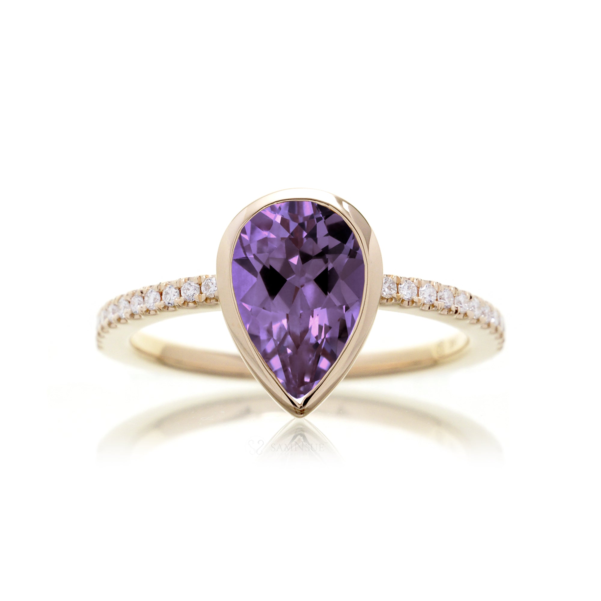 Pear purple amethyst solitaire bezel engagement ring The beverly yellow gold