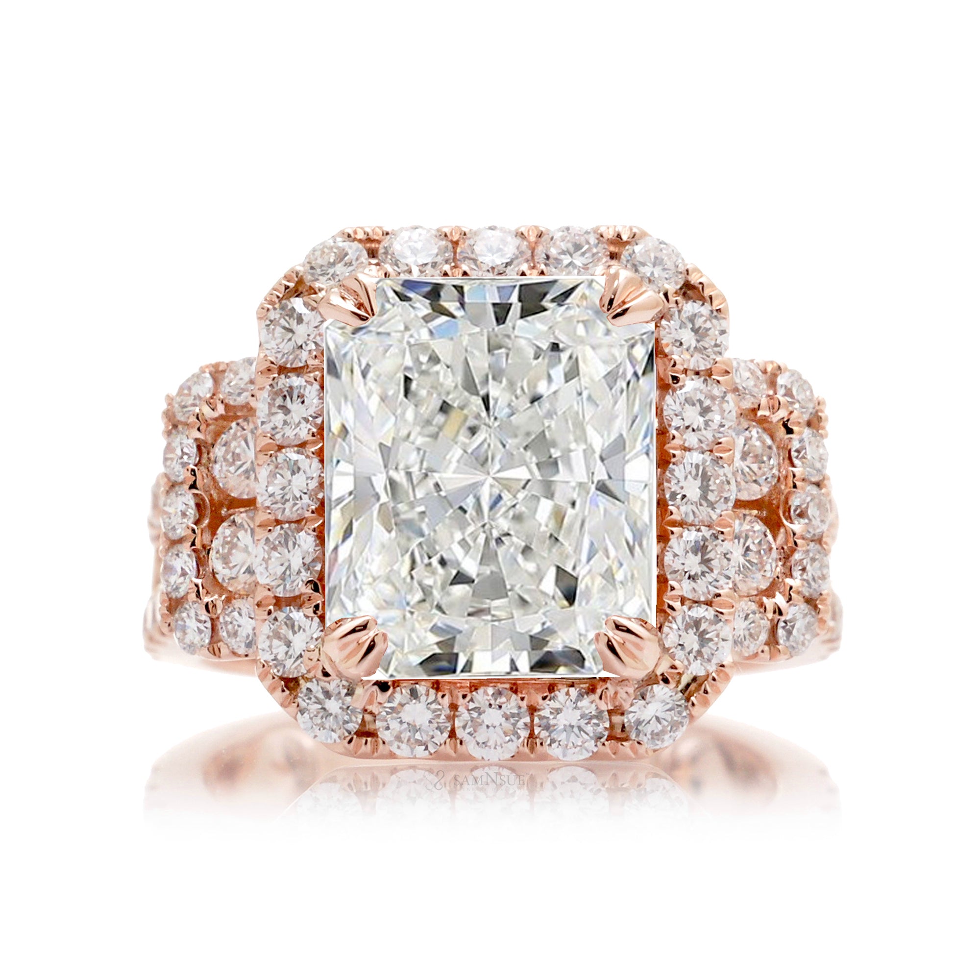 Bold Radiant Diamond Double Halo Ring in Rose Gold