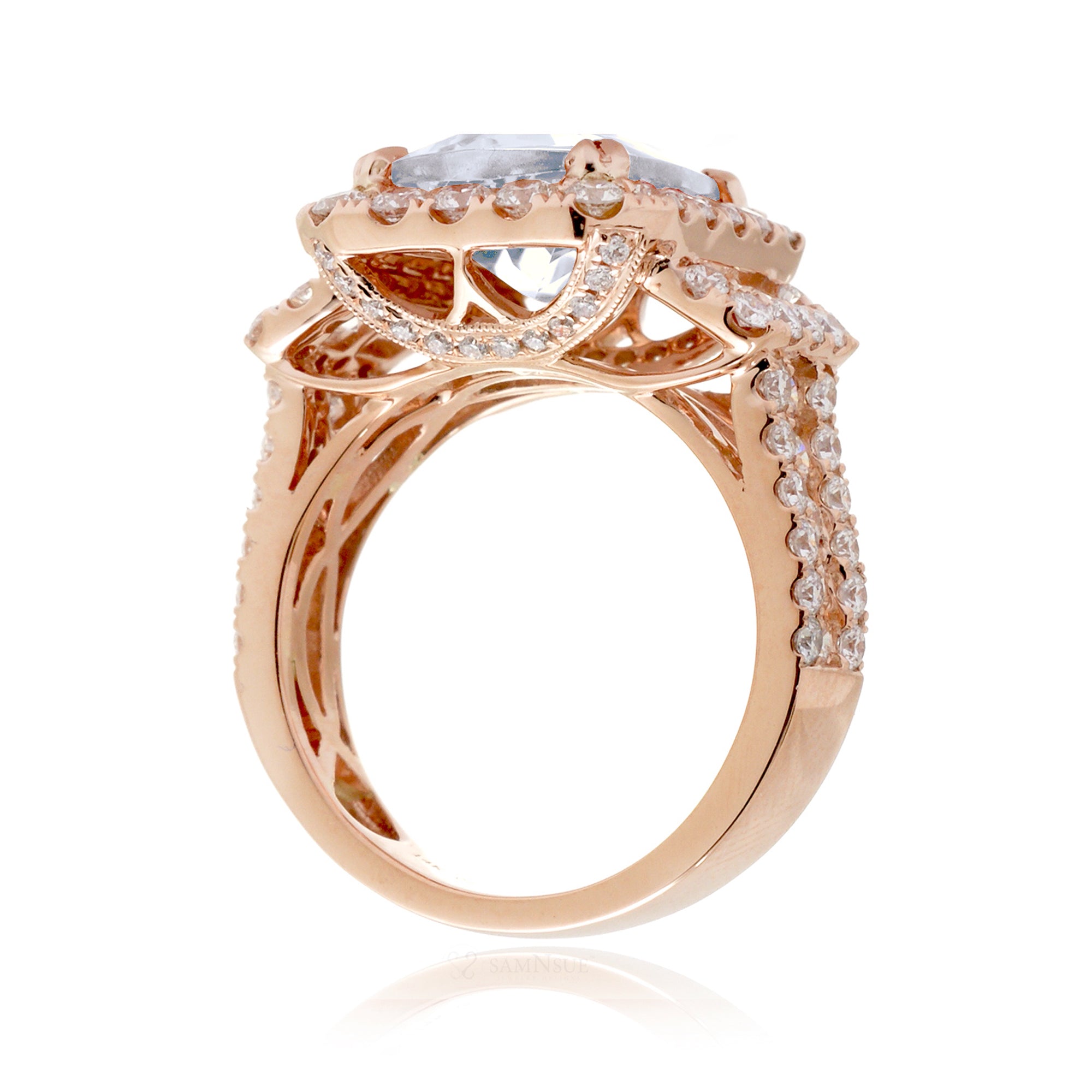 Three Row Emerald Diamond Ring in Rose Gold with Halo