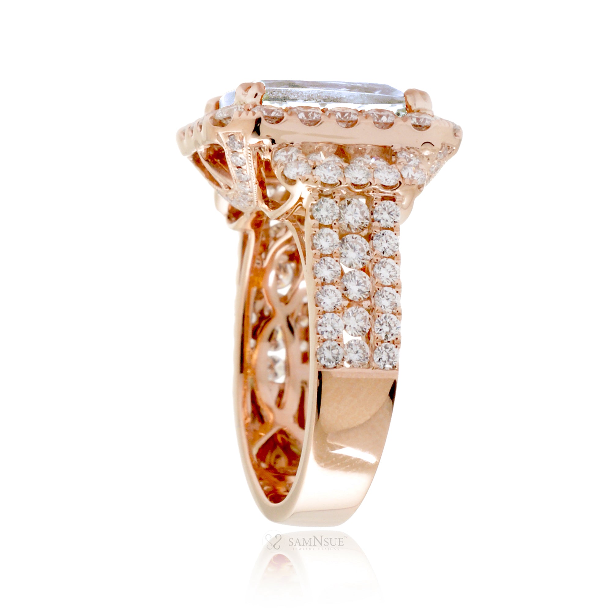 Three Row Emerald Diamond Ring in Rose Gold with Halo