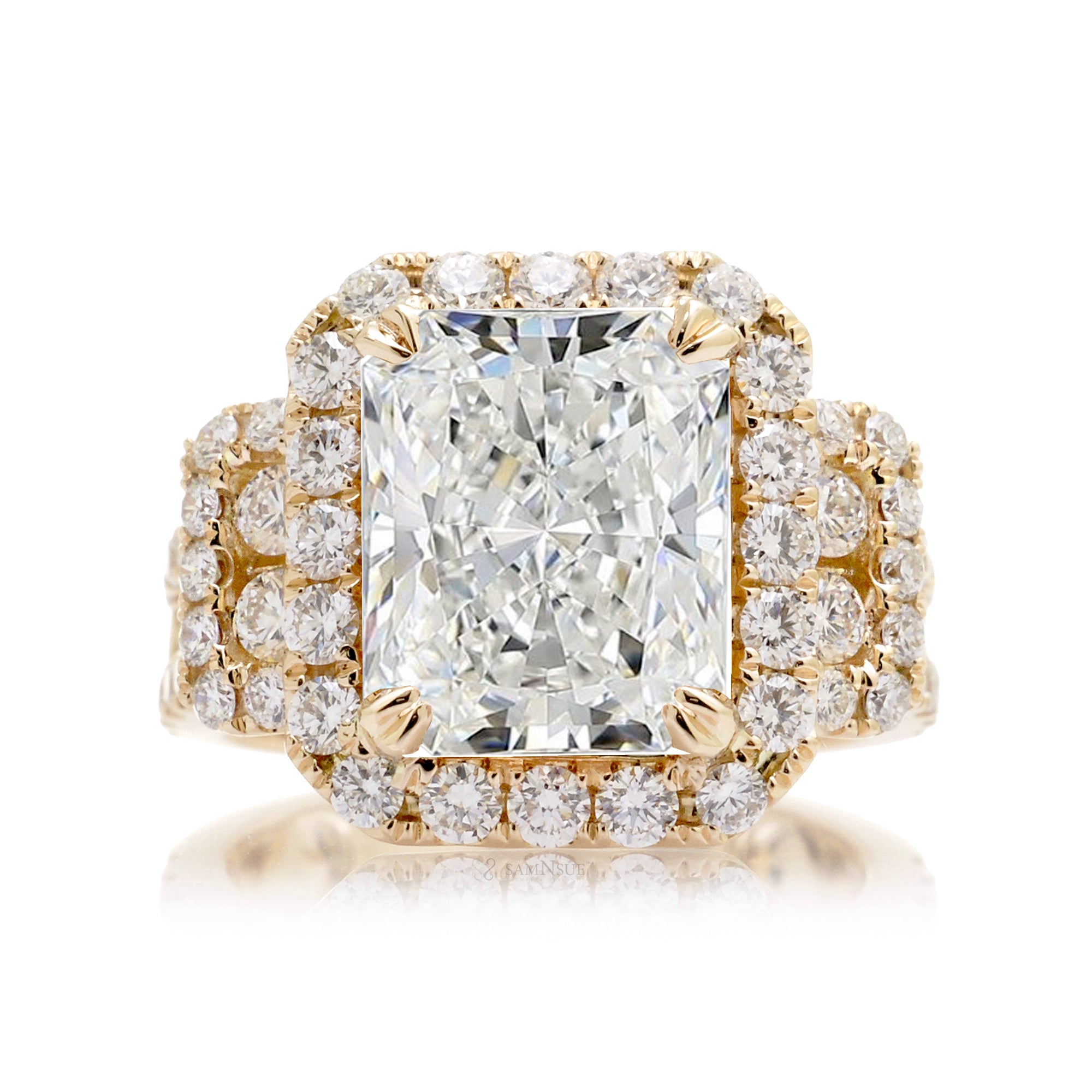 Three Row Diamond Radiant Cut Ring in Yellow Gold