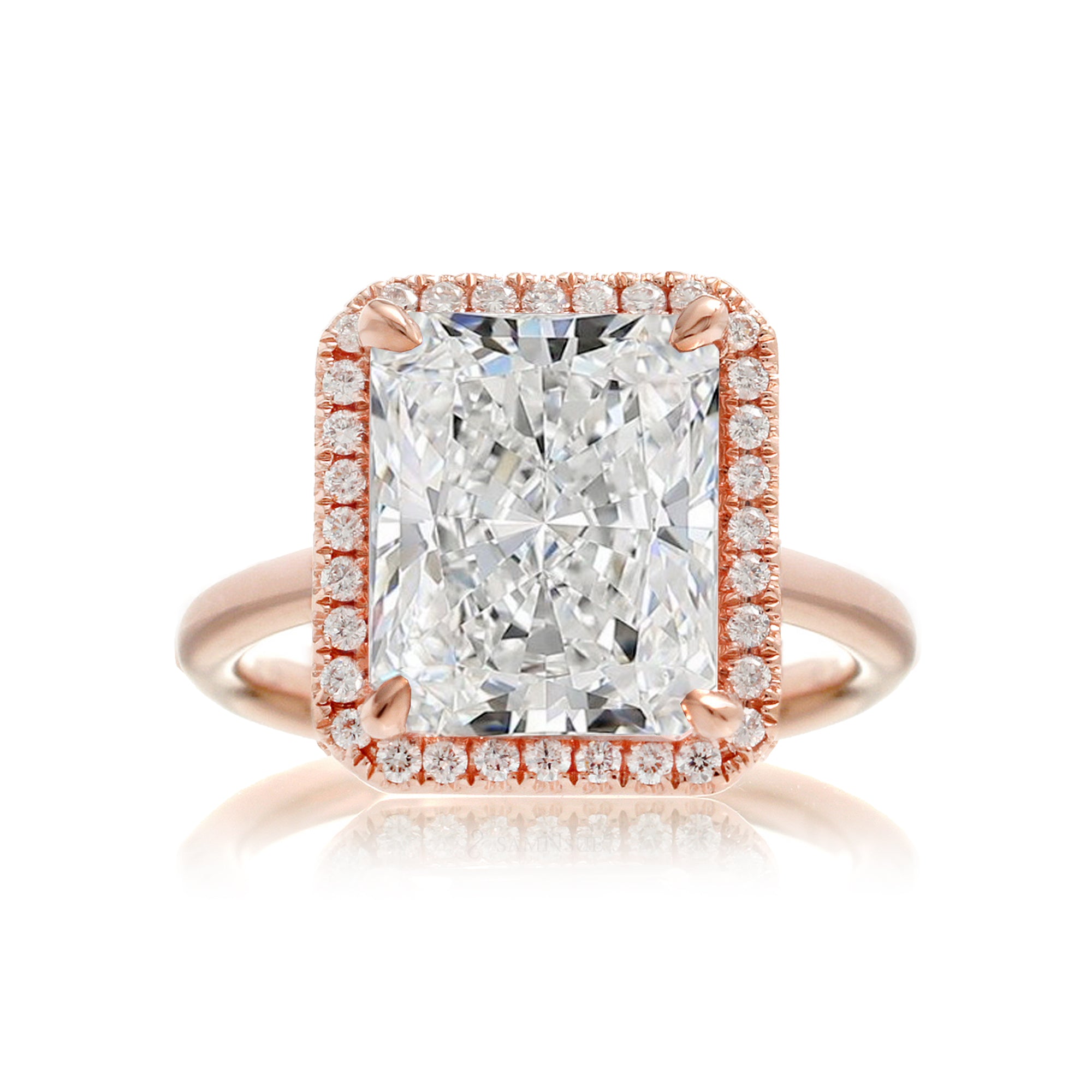 Radiant cut engagement ring with diamond halo and band the Drenched rose gold solid band