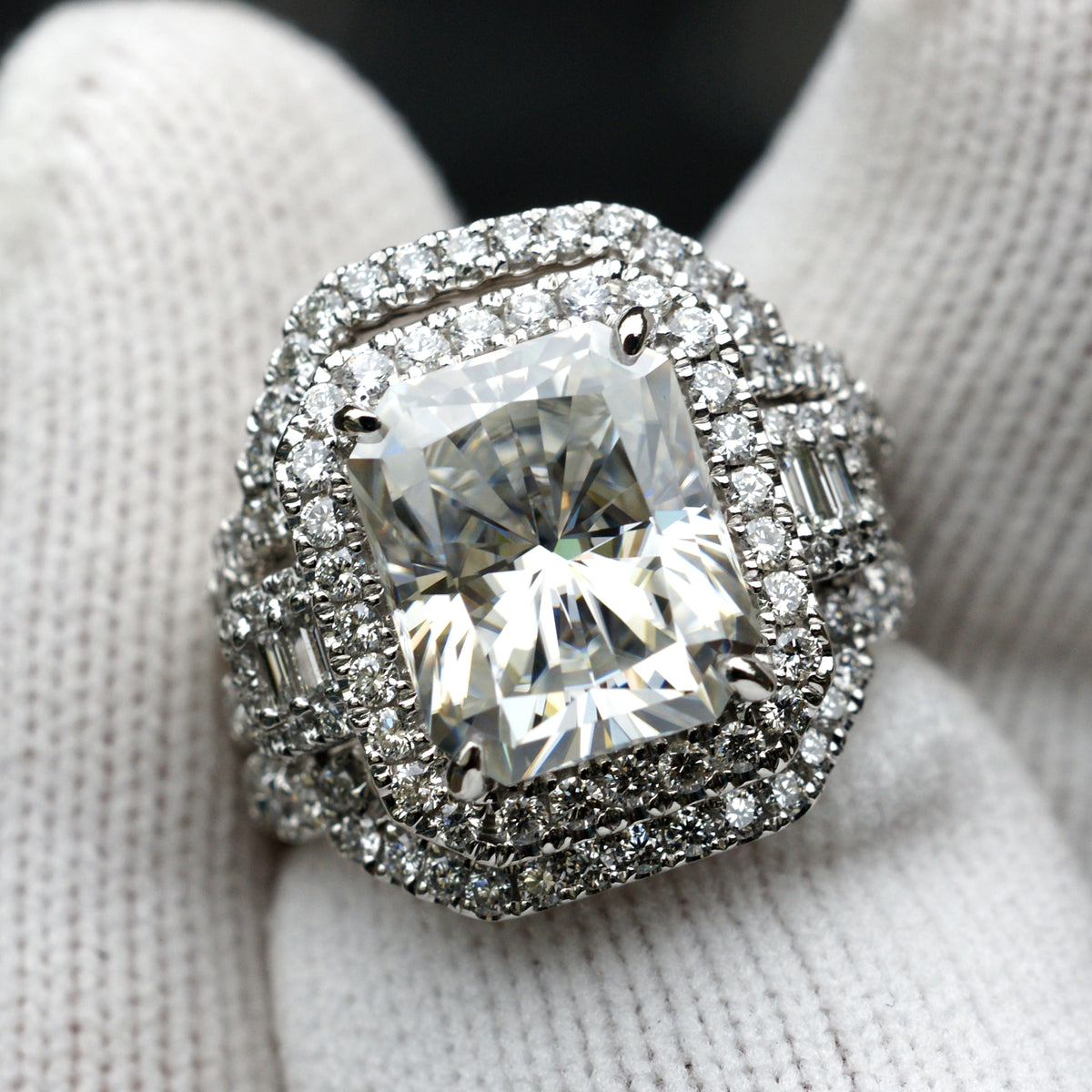 Radiant cut moissanite engagement wedding rings with two fitted bands