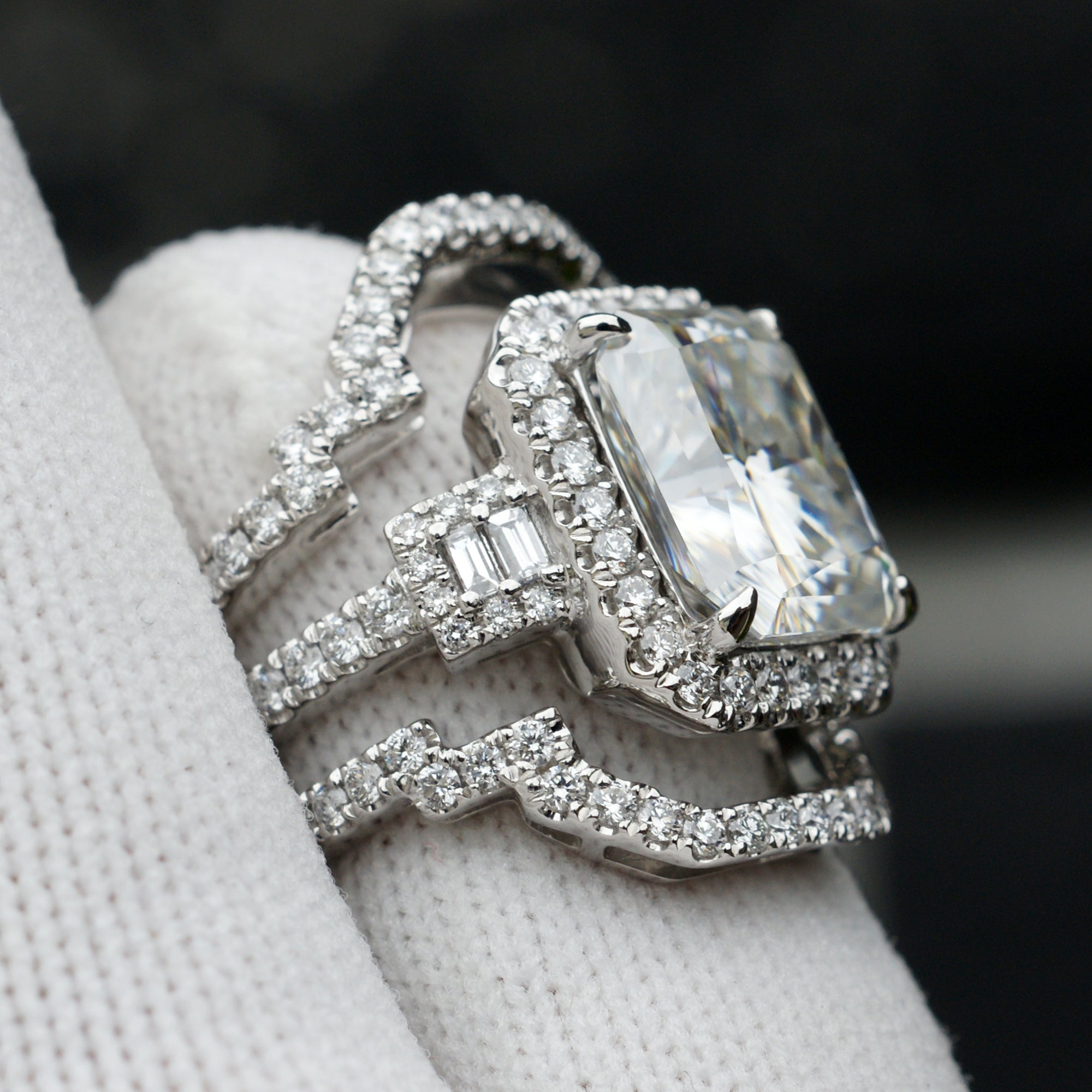 Radiant cut moissanite engagement wedding rings with two fitted bands