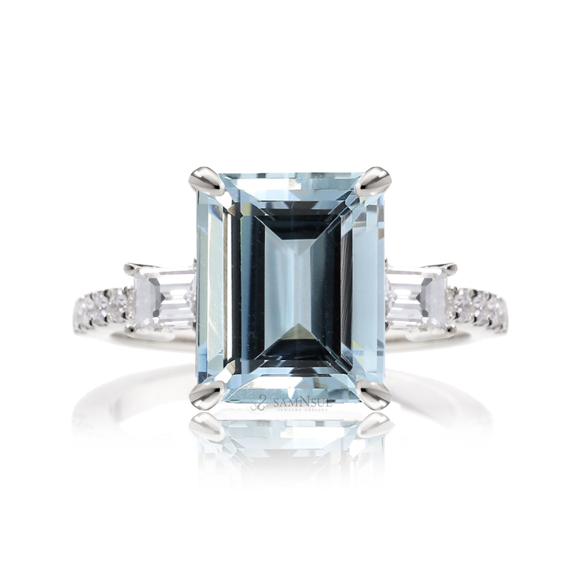 Aquamarine Emerald Cut Ring with Baguette Diamonds – Fine White Gold Engagement Jewelry