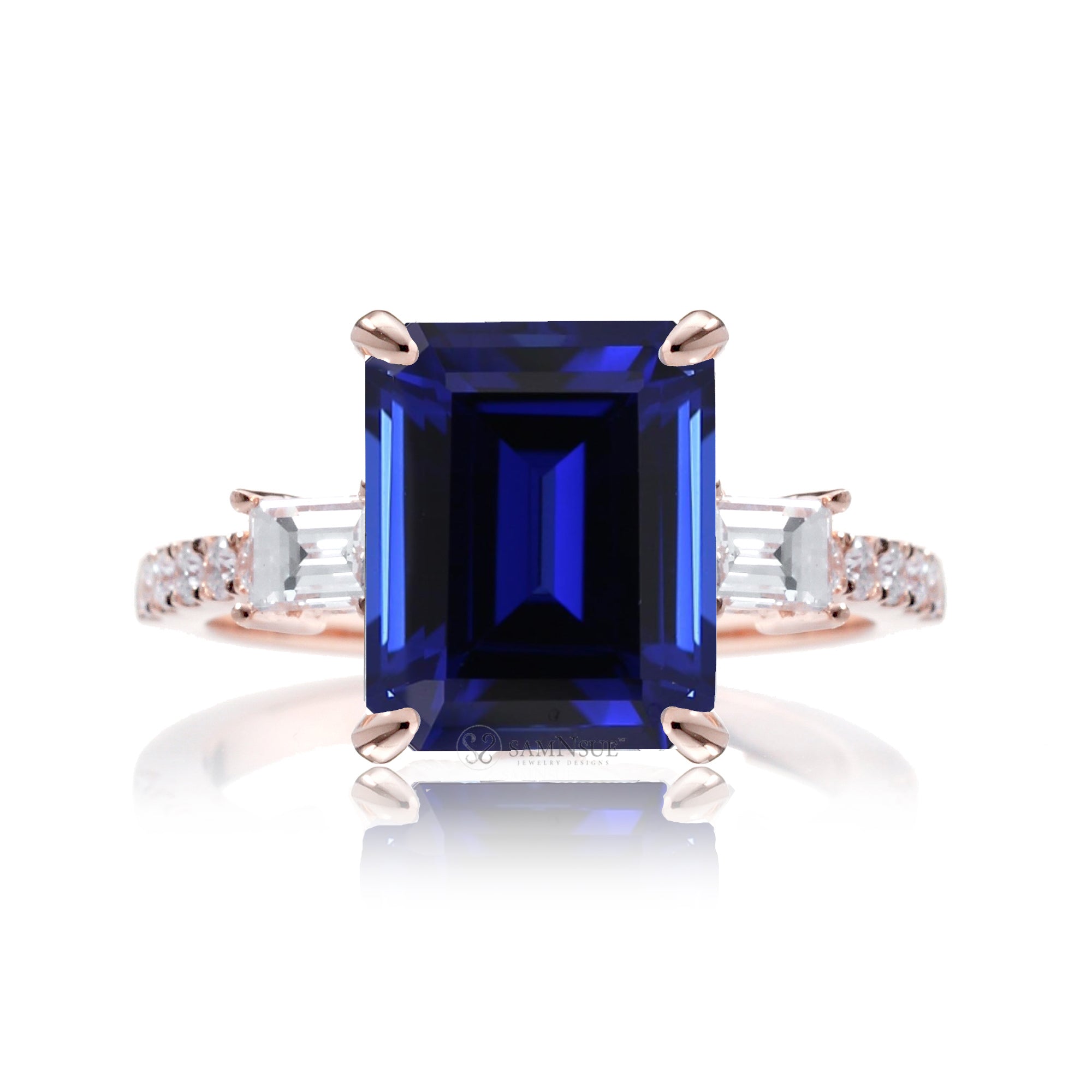 Emerald Cut Blue Sapphire Engagement Ring with Diamond Accents – The Rey in Rose Gold