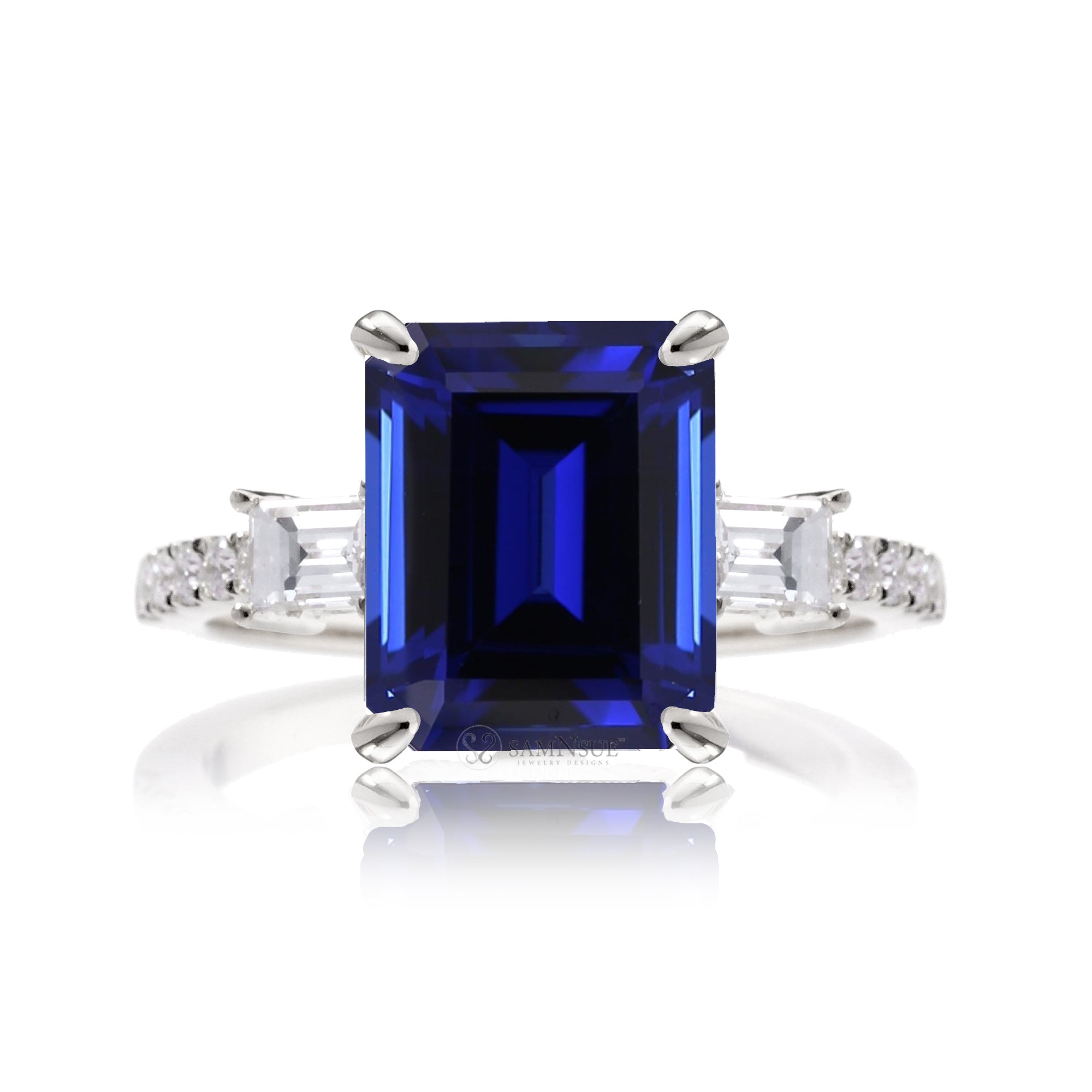 Emerald Cut Blue Sapphire Engagement Ring with Diamond Accents – The Rey in White Gold