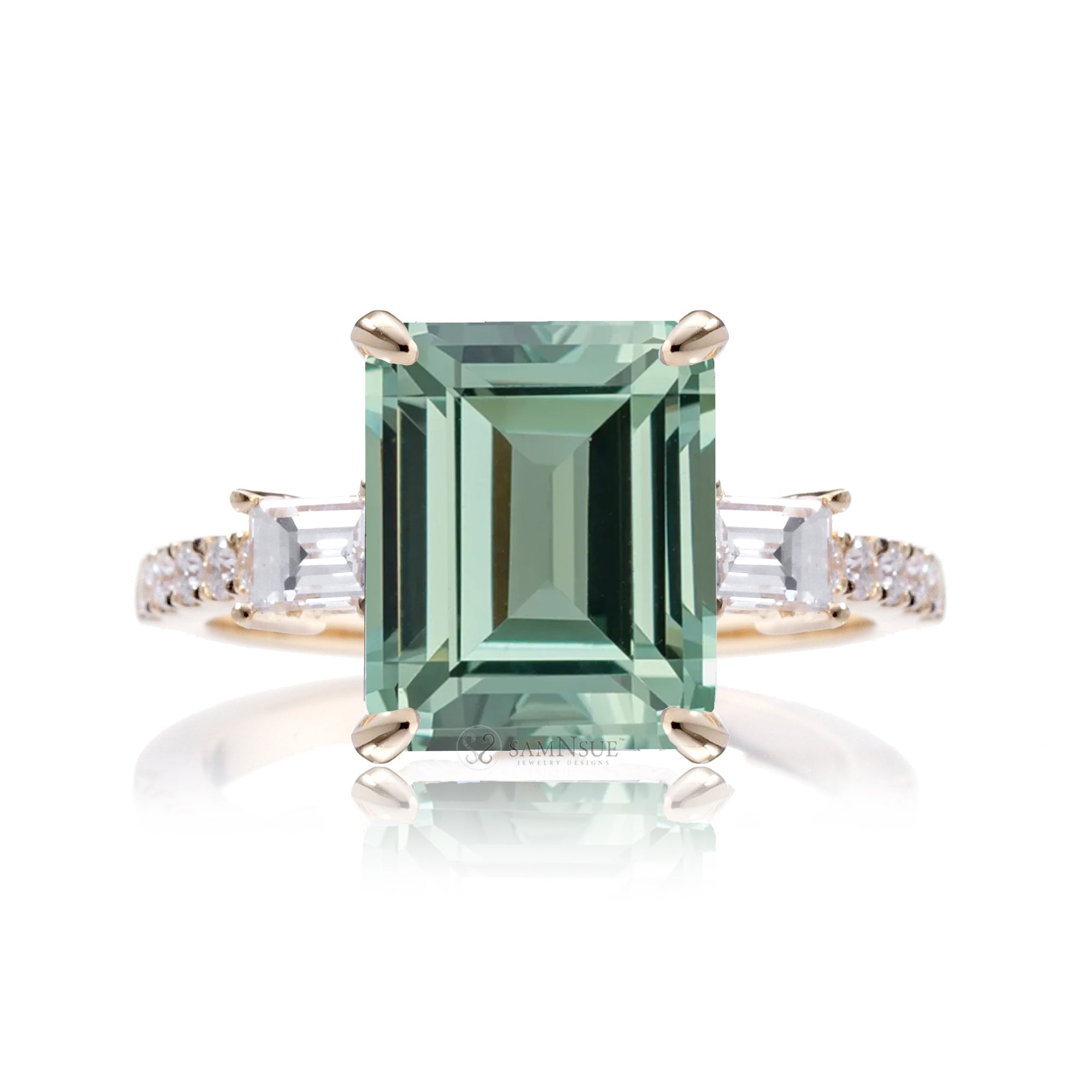 Green Sapphire Emerald Cut Ring with Baguette Diamonds – Elegant Custom Jewelry Yellow Gold