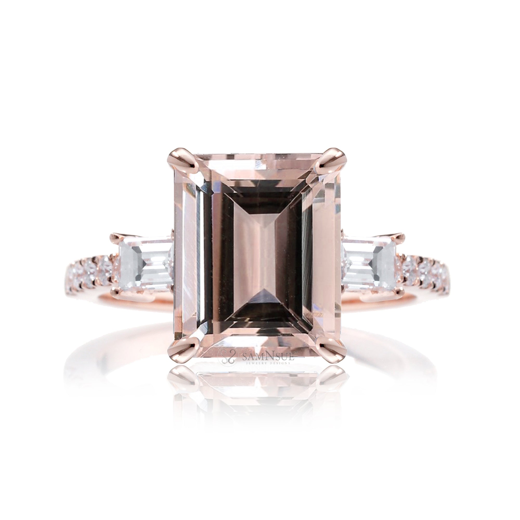 Emerald Step Cut Morganite Engagement Ring with Diamond Accents – The Rey in Rose Gold