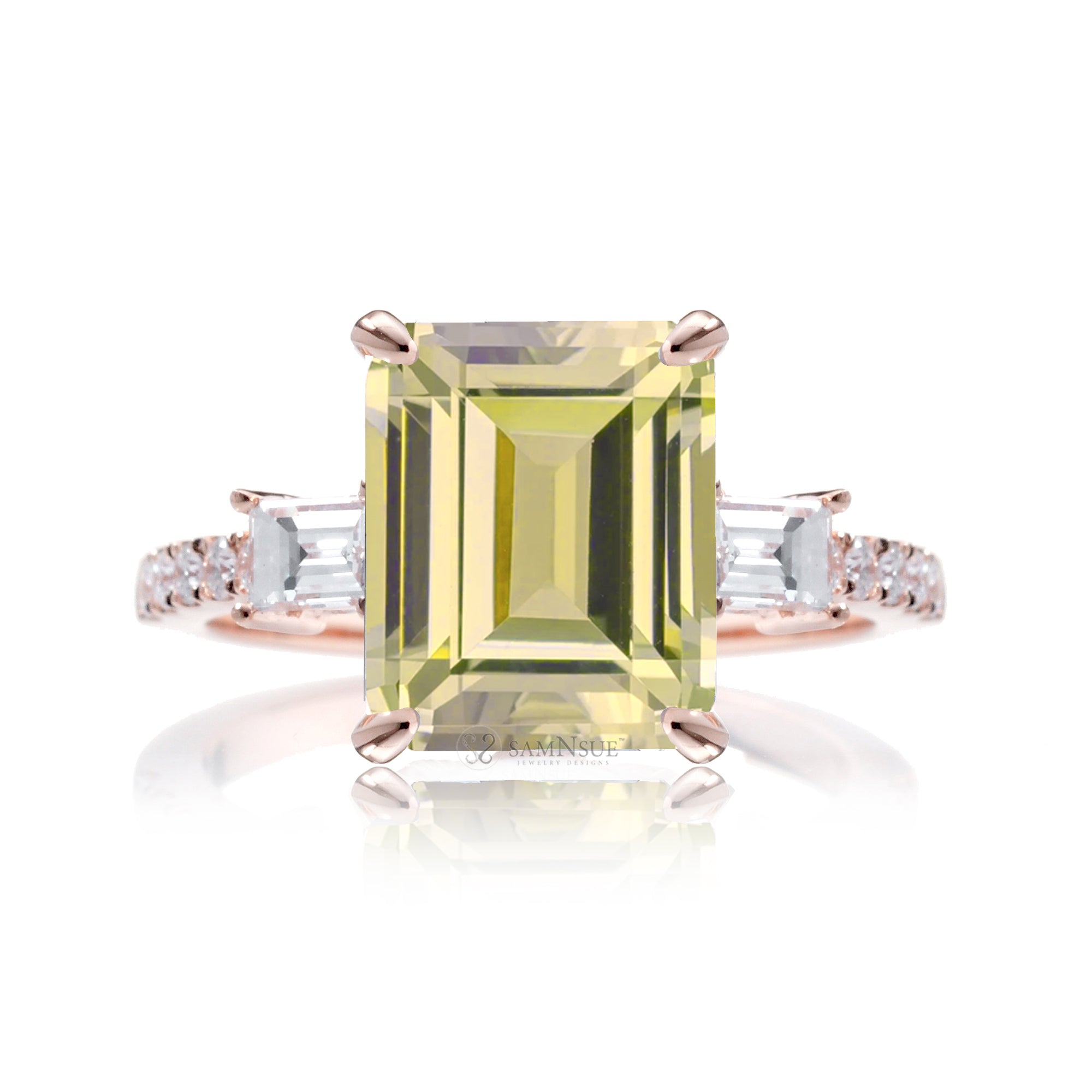 Yellow Sapphire Emerald Cut Ring with Baguette Diamonds – Elegant Custom Jewelry Rose Gold