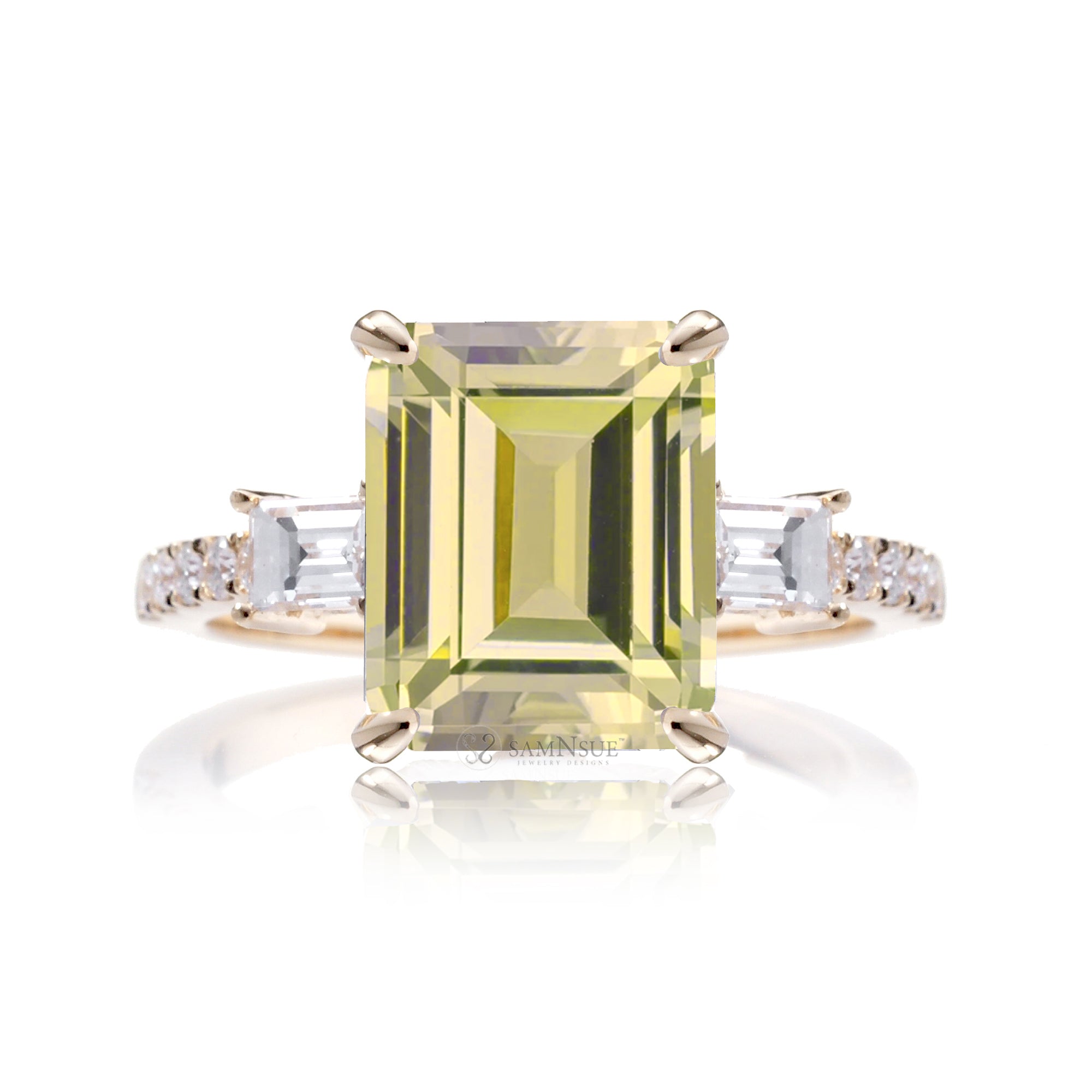 Yellow Sapphire Emerald Cut Ring with Baguette Diamonds – Elegant Custom Jewelry Yellow Gold