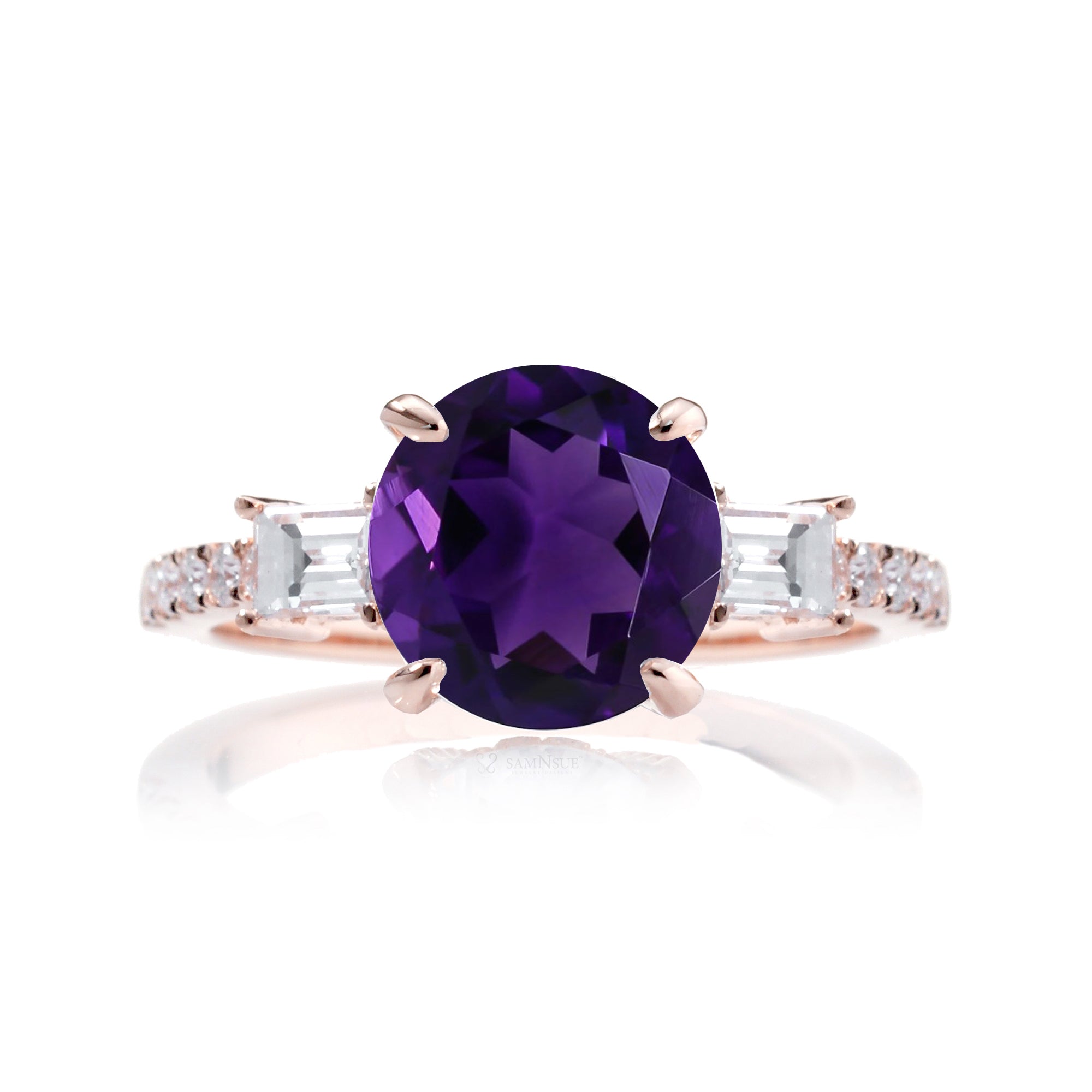 Round Amethyst Engagement Ring with Diamond Accents – The Rey in Rose Gold
