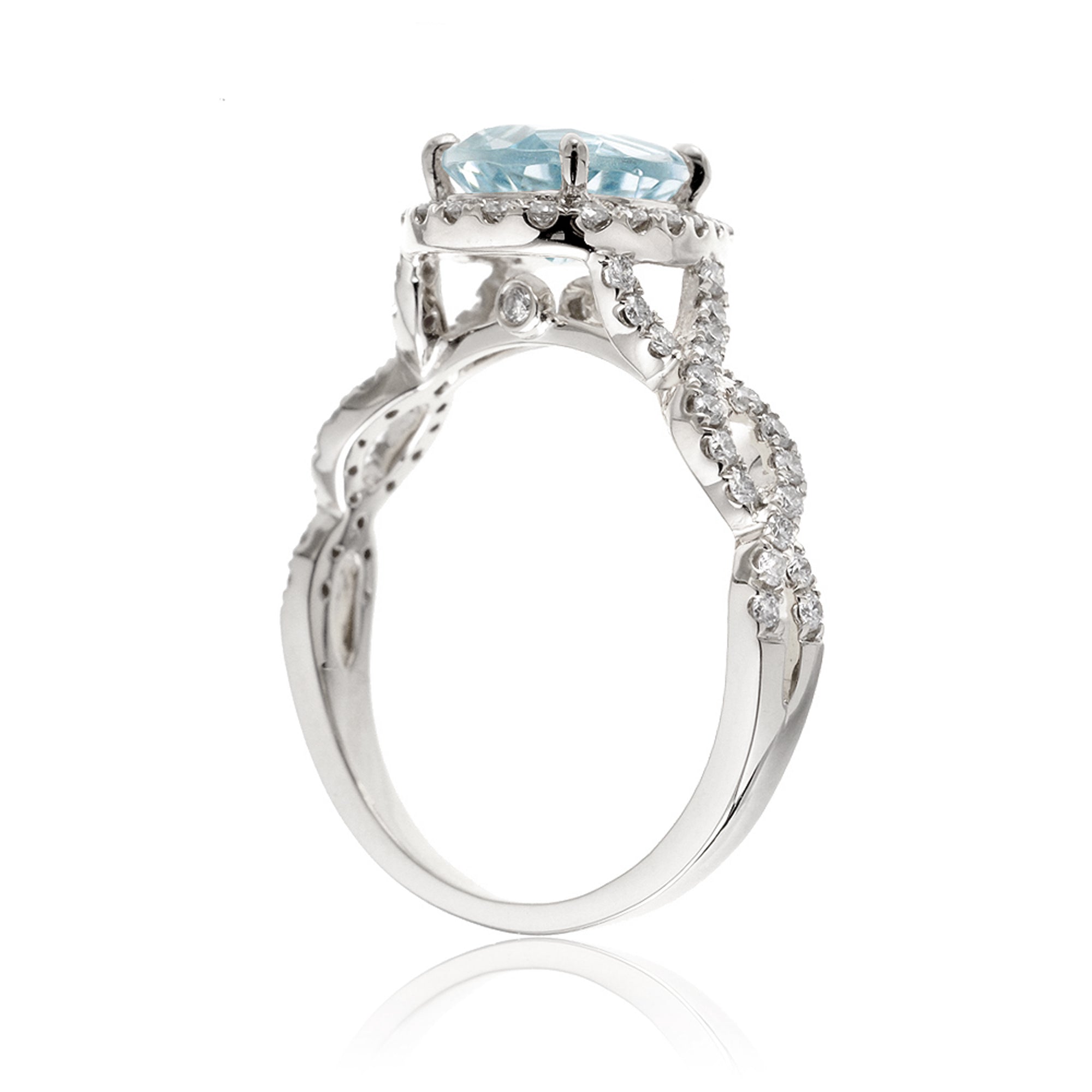 Pear aquamarine gemstone ring diamond halo twisted band white gold