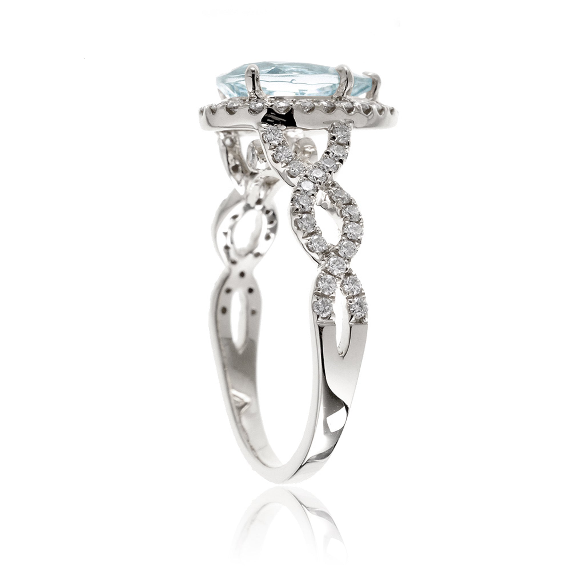 Pear aquamarine gemstone ring diamond halo twisted band white gold
