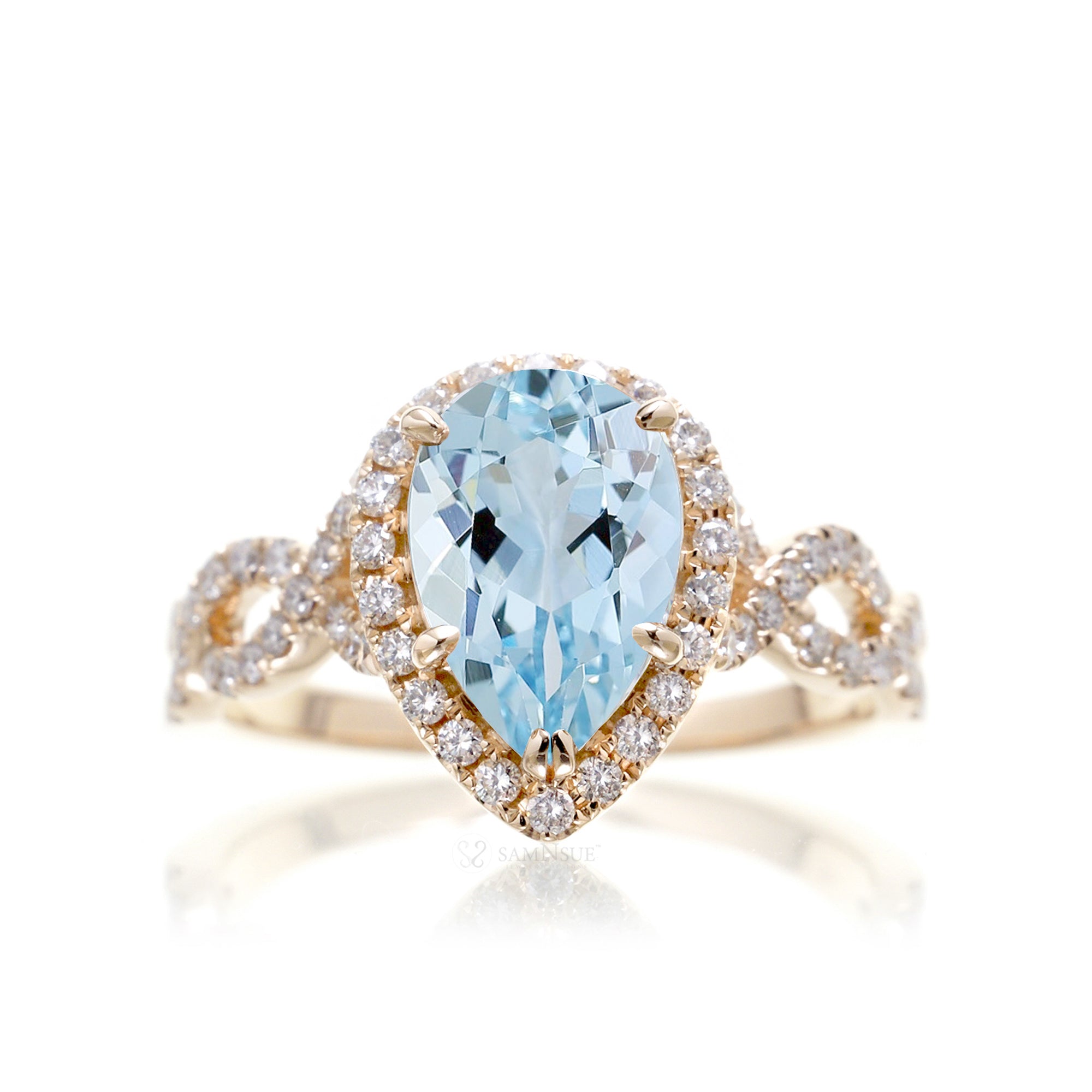 Pear aquamarine gemstone ring diamond halo twisted band yellow gold
