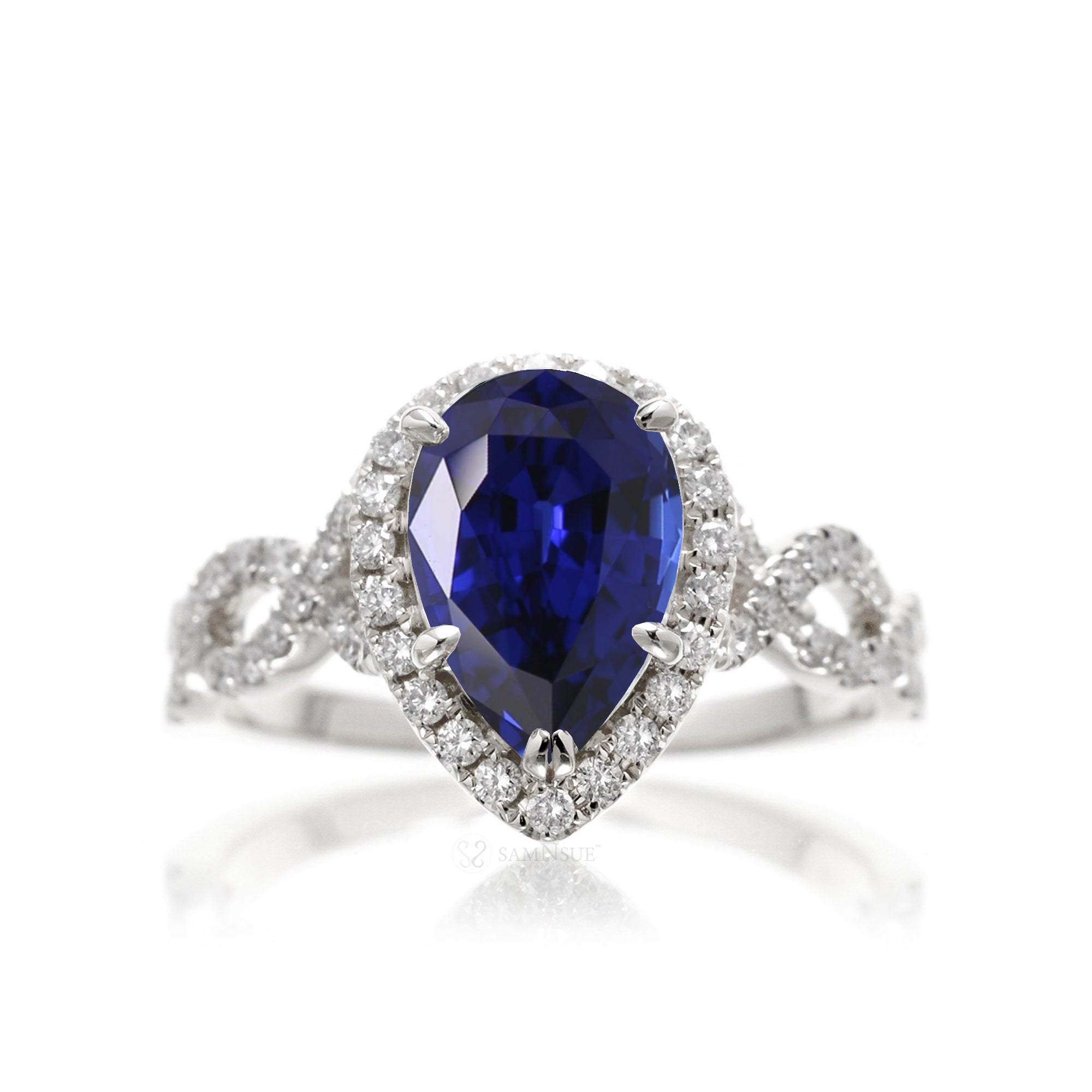 Sapphire ring pear diamond halo twisted band white gold