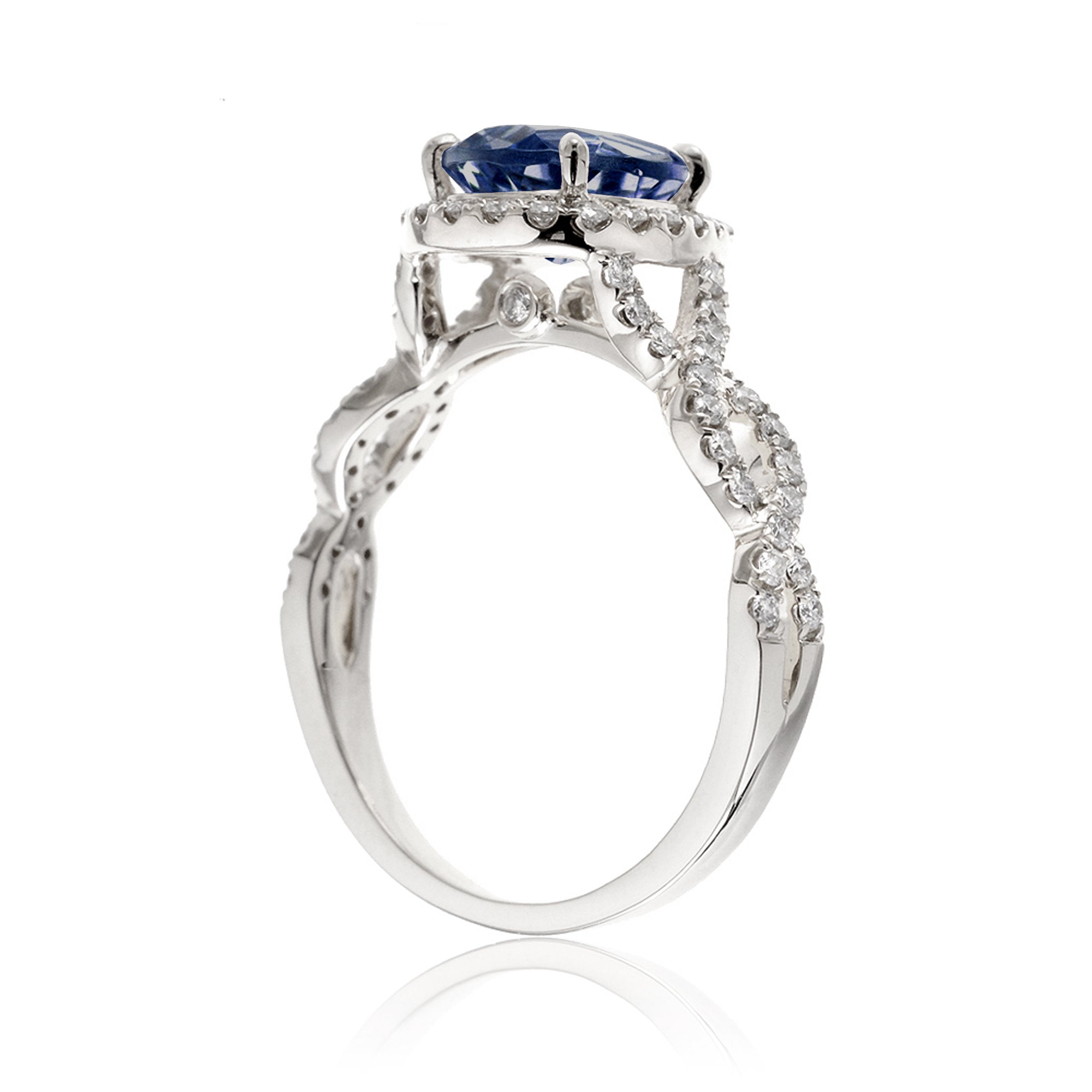 Sapphire ring pear diamond halo twisted band white gold