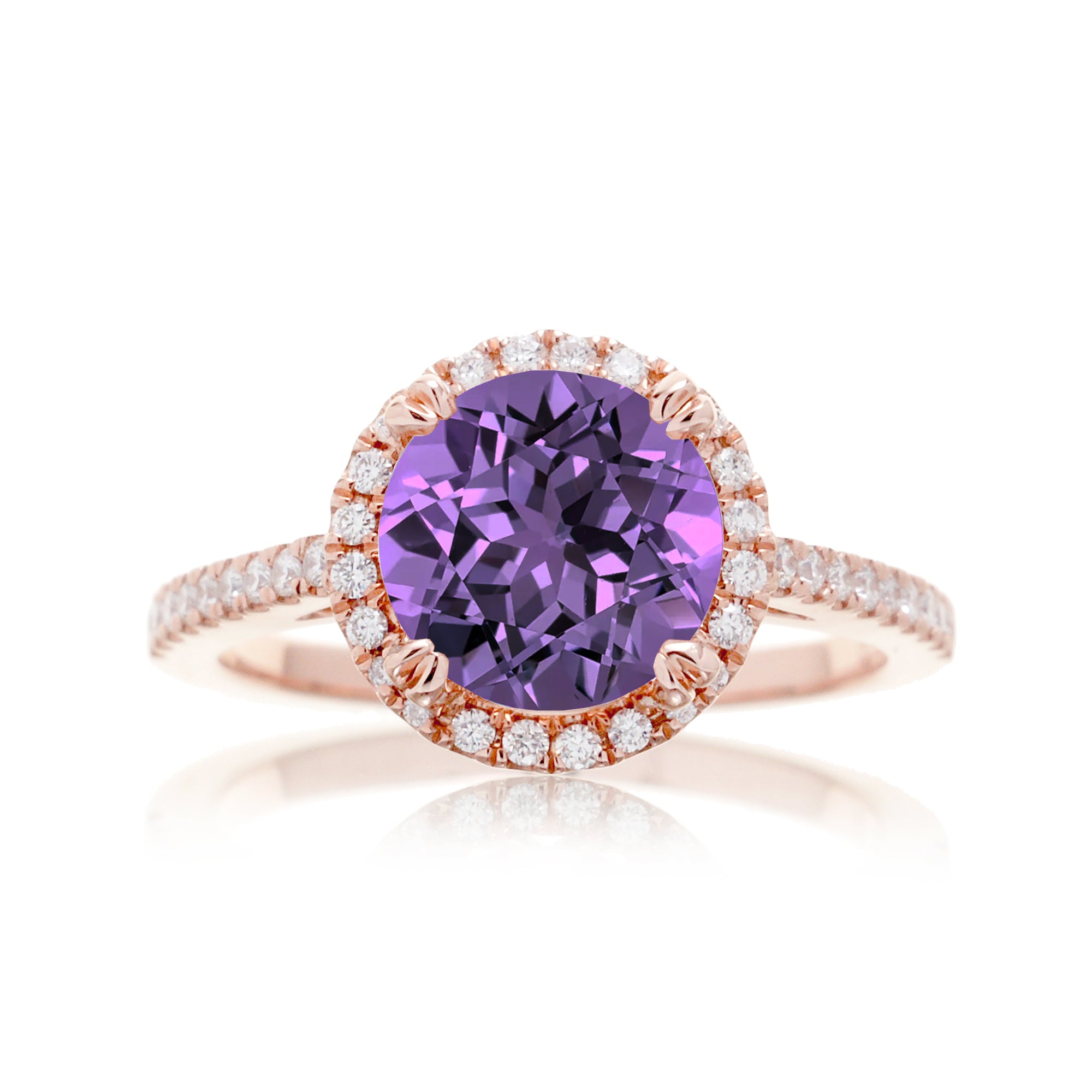 Round purple sapphire amethyst engagement ring with diamond halo