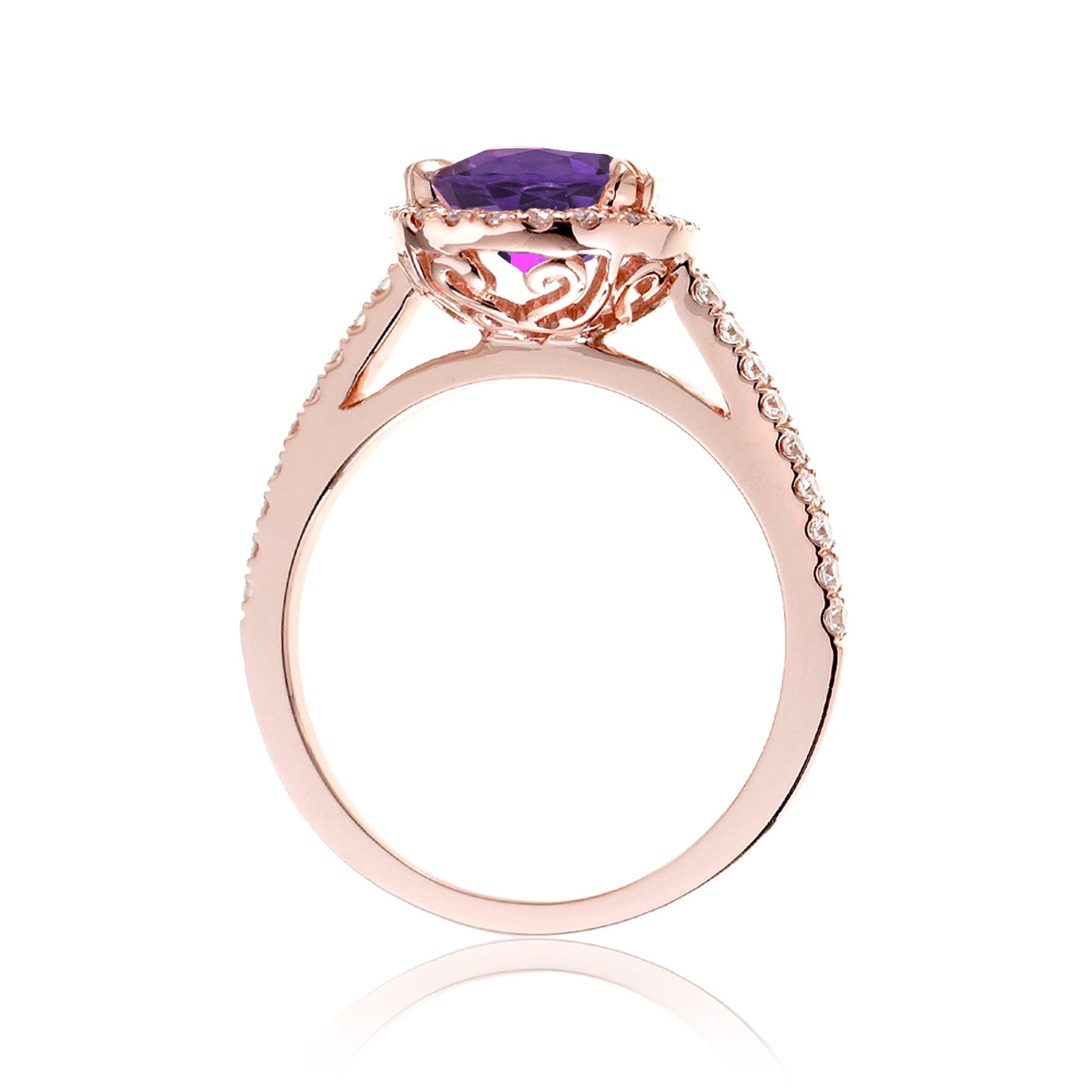Round purple sapphire amethyst engagement ring with diamond halo