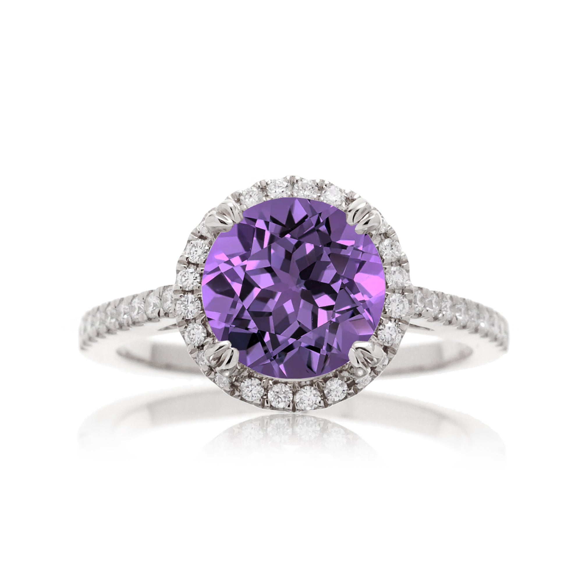 Round purple sapphire amethyst engagement ring with diamond halo