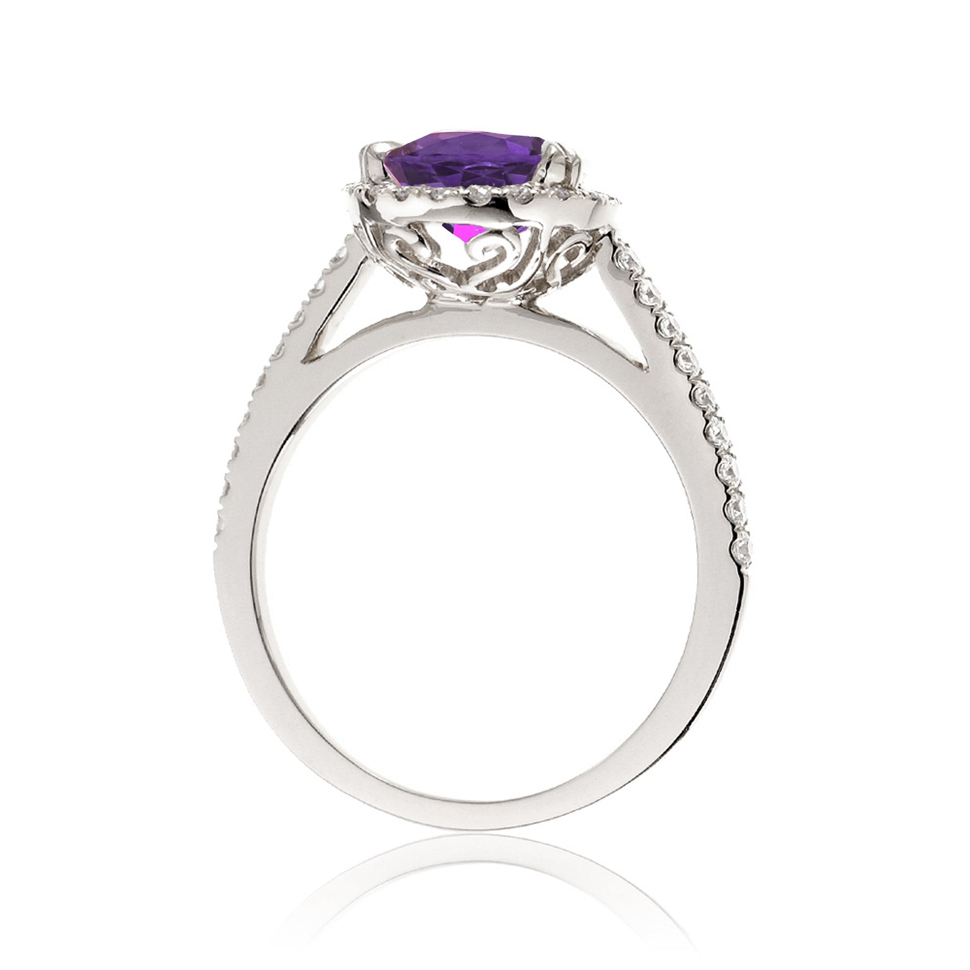 Round purple sapphire amethyst engagement ring with diamond halo
